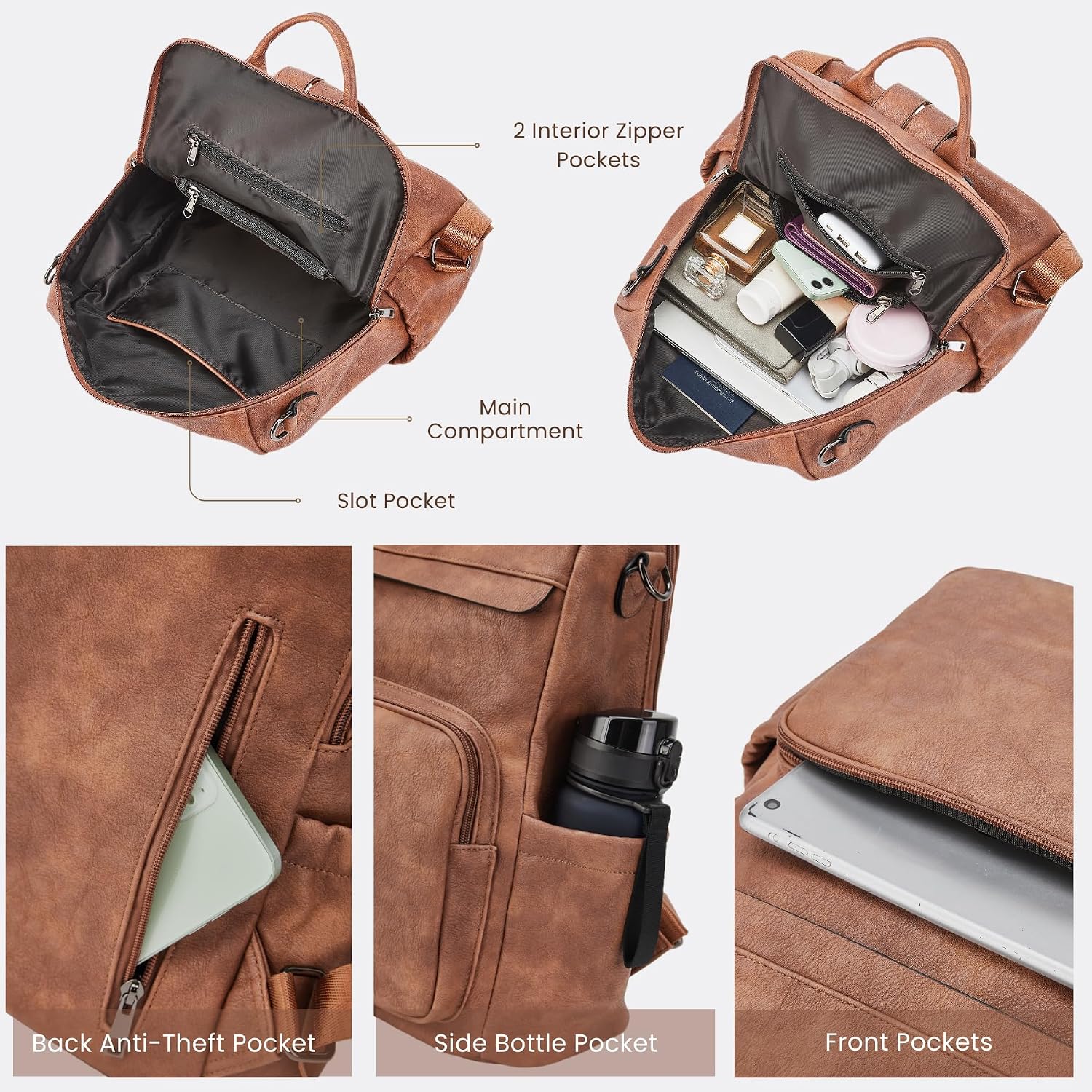 Anti-Theft Backpack Purse for Women, Convertible 3-in-1 Vegan Leather Backpack with Hidden Zipper, Adjustable Shoulder & Crossbody Bag for Travel and Daily Commute
