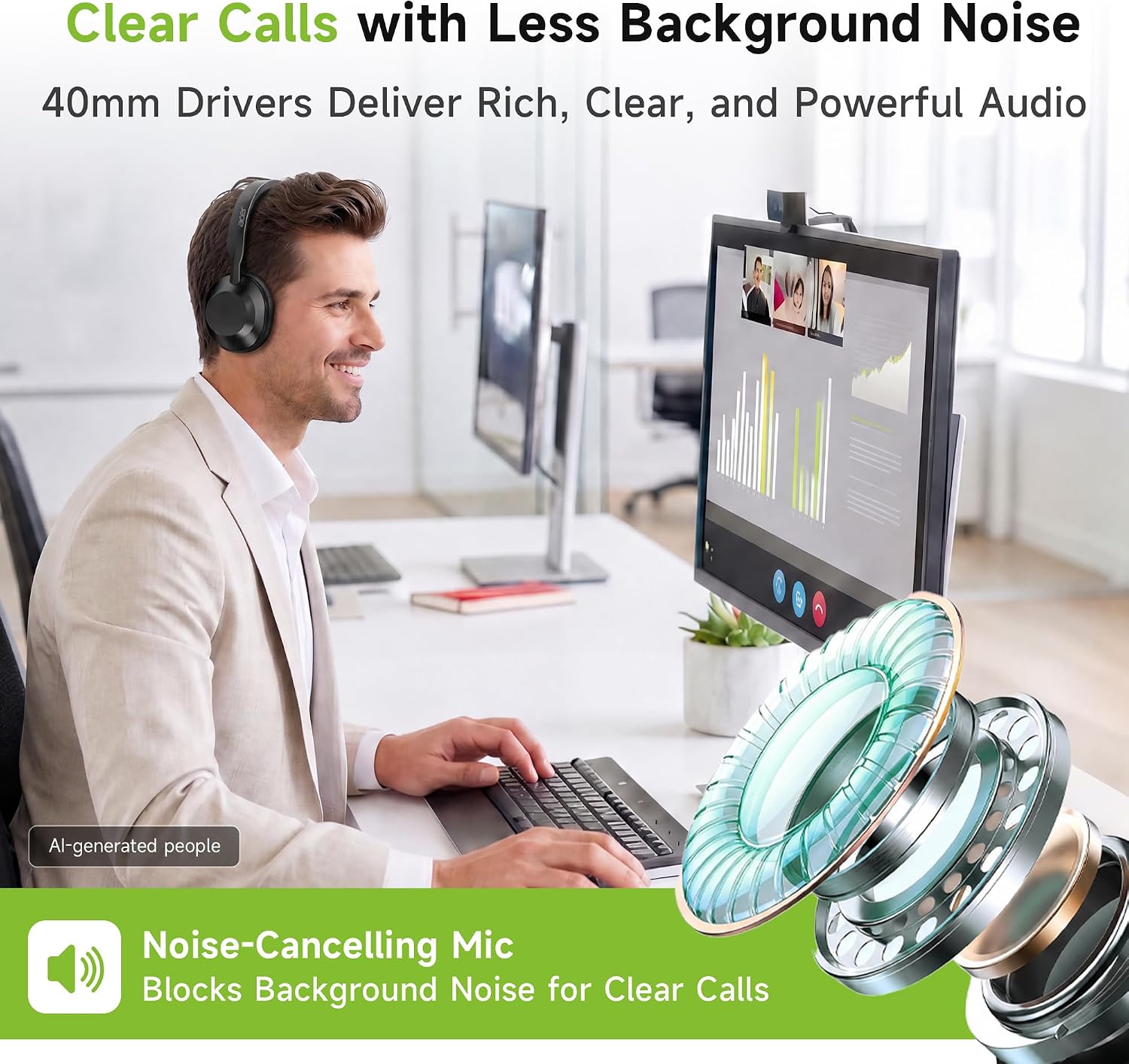 Acer Headset with Microphone for PC - ENC Noise Cancelling Headphones with Mic, Dual USB C Headset with Microphone & USB, 40mm Drivers Wired Headset with Mic for Work, Call Center Headset for Office