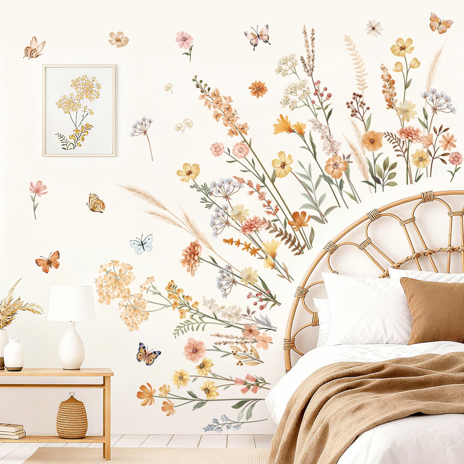 wondever Pegatinas de Pared Jardín de Flores Boho Adhesivos Decorativos Flores Silvestres Hierba Mariposas Vinilos Pared para Habitación Niña Dormitorio Salón