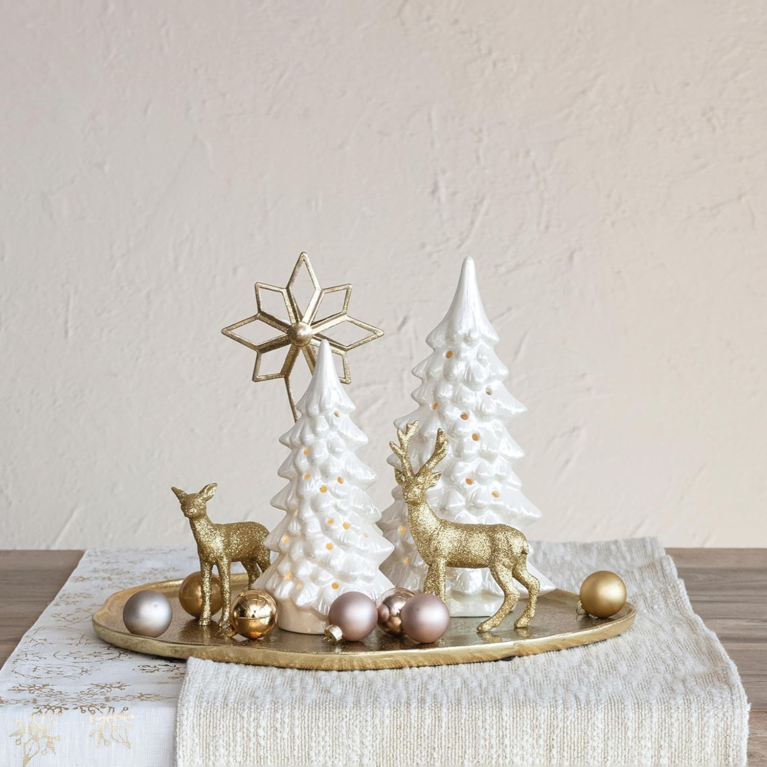 Creative Co-Op Stoneware LED Tree with Cut-Outs and Iridescent Finish, Cream