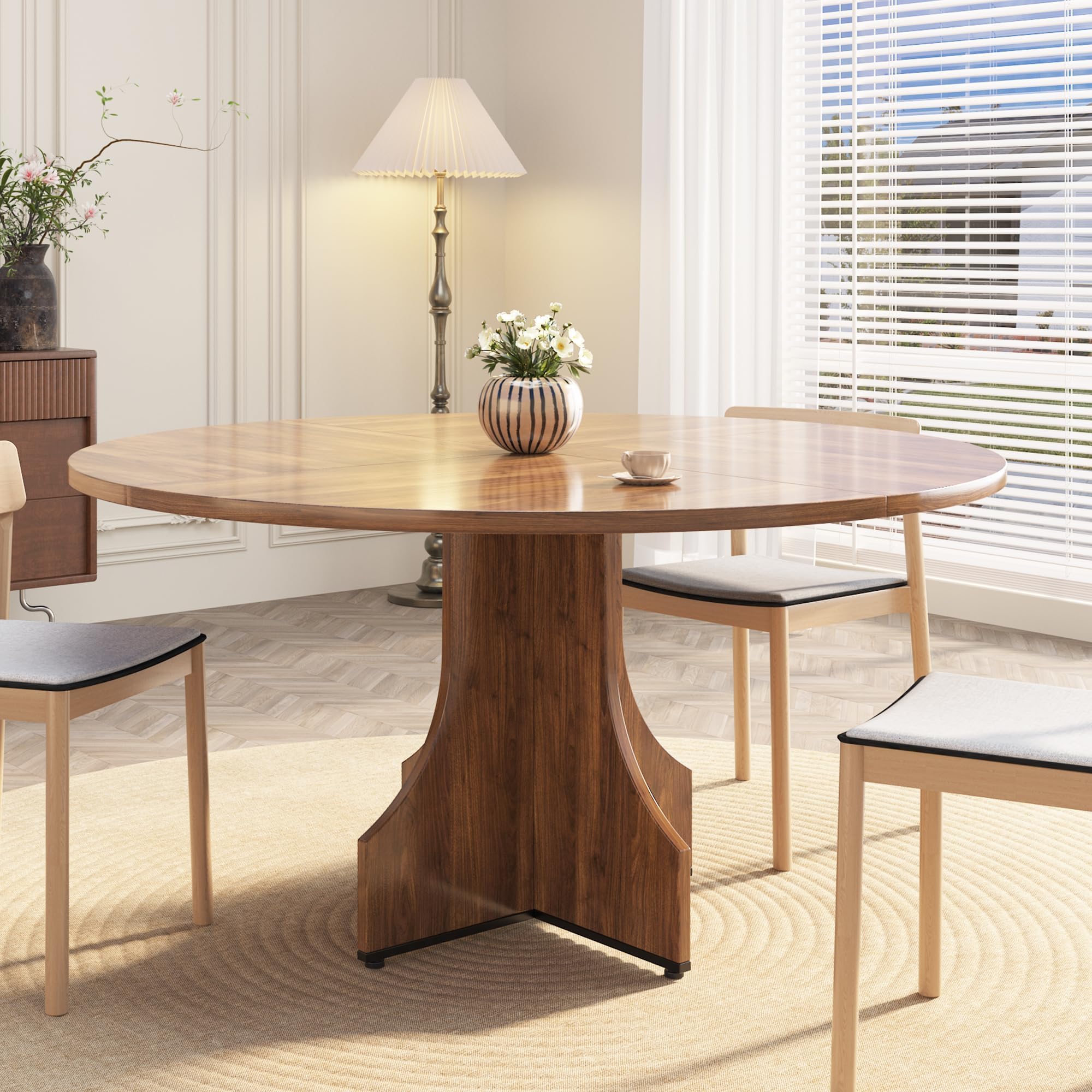 Garvee Mesa de Comedor Redonda de 120 cm para 4-6 Personas, Mesa de Cocina Moderna de Estilo rústico con Estante Inferior, Patas Regulables en Altura, fácil Montaje, Color Nogal