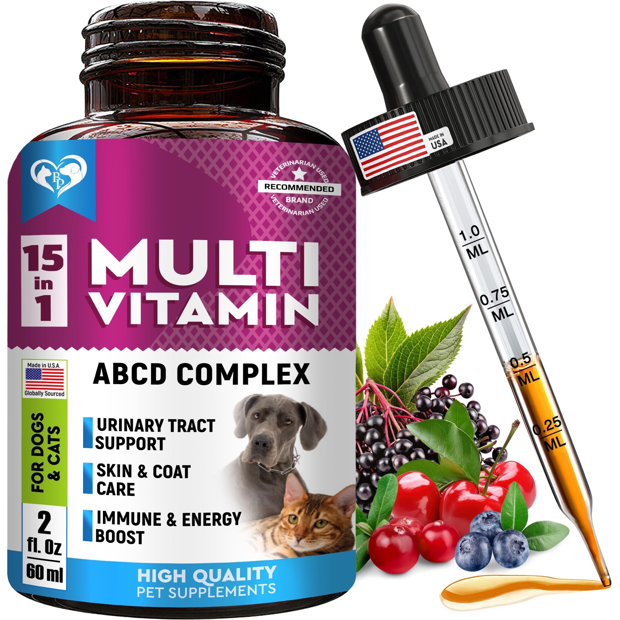 Cat & Dog Multivitamin Liquid with Glucosamine & Cranberry | 15 in 1 Health Supplements for Urinary Tract Kidney, Bladder, Hip & Joint, Skin & Coat | Natural UTI Medicine Made in USA (60 ml)