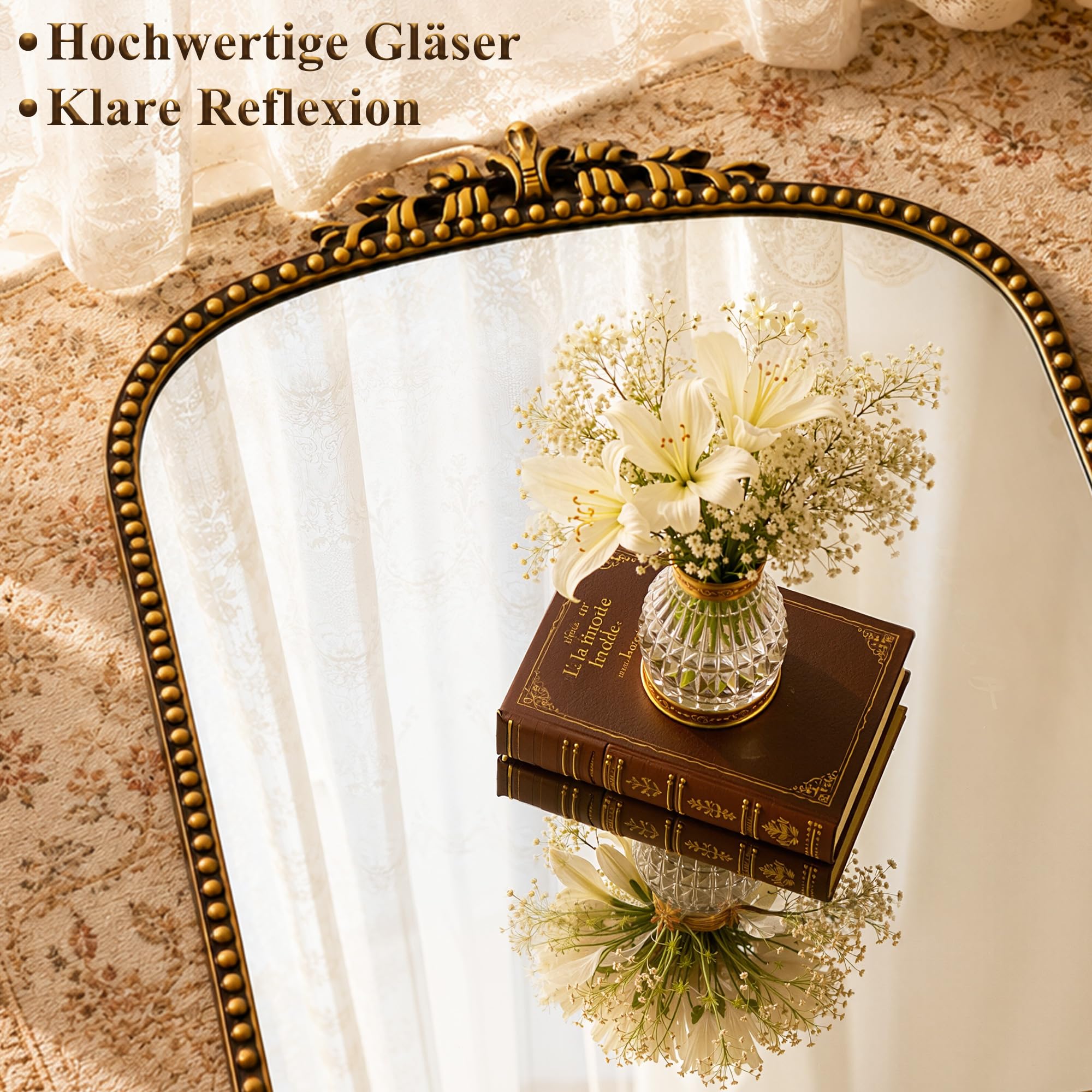 BEAUTYPEAK 205x105 cm Bogenspiegel in voller Länge mit HD Glas, Groß Ganzkörperspiegel, Gold Rahmen aus PU-Kunststoff mit Retro-Prägung, XXL Spiegel für Schlafzimmer und Wohnzimmer
