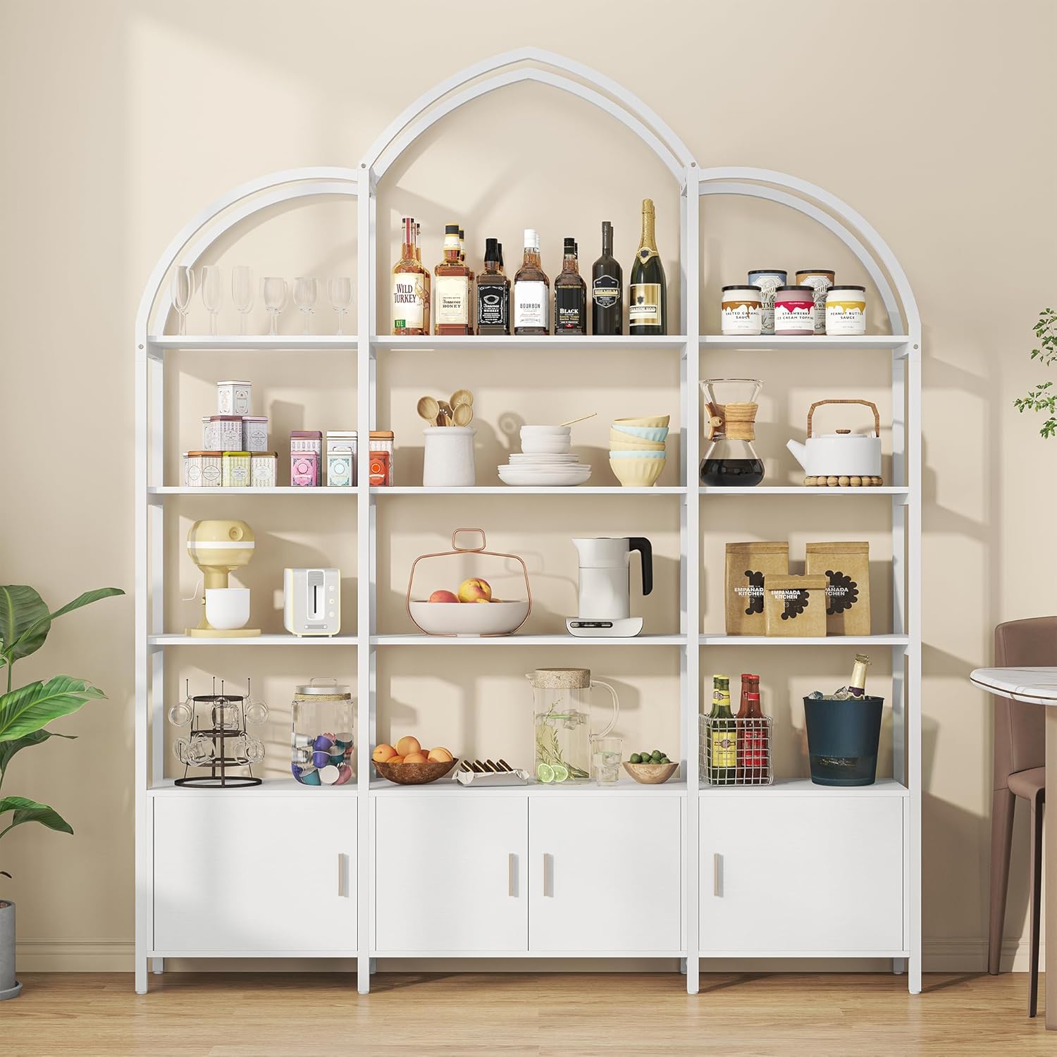 Nosepen Triple Wide 5 Tier Tall Arched Bookshelf and Bookcase with 3 Cabinets, Industrial Metal Etagere Open Bookshelf, Wood Standing Book Shelf with Black Metal Frame for Bedroom Living Room