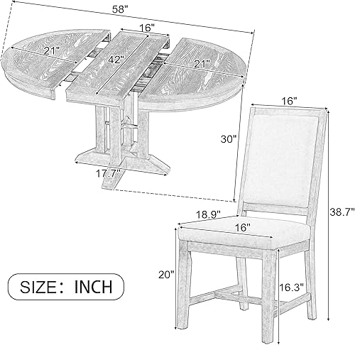 Miniatura 4 de Farmhouse - Juego de mesa de comedor de 5 piezas, mesa redonda extensible y 4 sillas tapizadas con base en forma de X, juego de comedor de madera