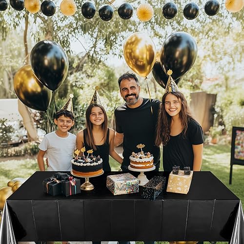 Miniatura 4 de Just Shimmer 6 manteles de papel de aluminio negro de 54 x 72 pulgadas para cumpleaños, graduación, Halloween, fiesta, mantel de plástico