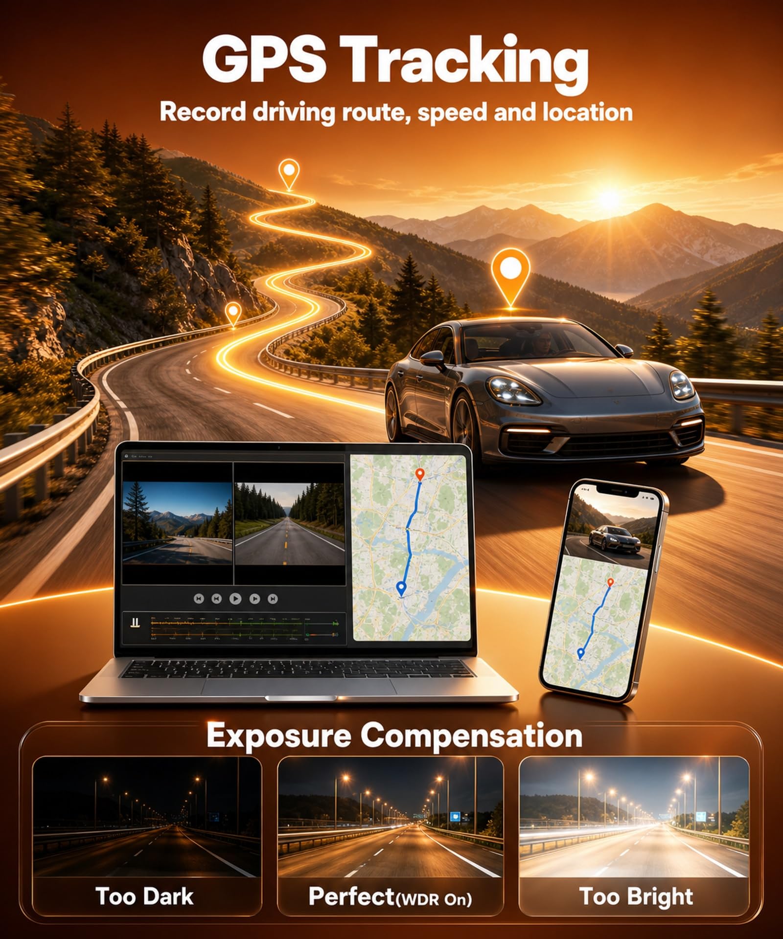 Rimoody Dashcam 4K con GPS, Doppia Telecamera Auto 3.16 Pollici, 4K Frontale + 2K Posteriore, Angolo 150°+120°, WiFi Dual-Band 2.4/5.8GHz, ADAS, Registrazione Ciclica, G-Sensor, Include Scheda 64GB