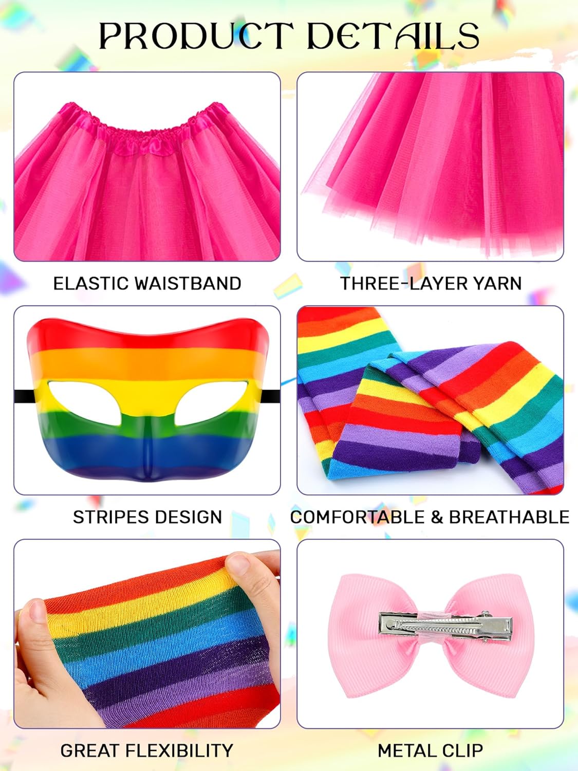5 Pcs Halloween Book Character Costume Rainbow Stripes Costume Accessories Thigh High Socks Gloves Pink Tutu Skirt and Bow Hair Clip Mask for Women Cosplay Party - Image 3