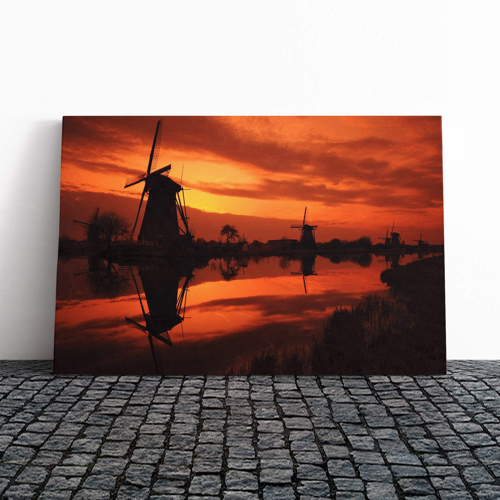 Landscape Windmills Sunset Canvas Print | Gallery Wrapped 30mm Frame Wall Art | 24x16 inches | Ready to Hang | Modern Landscape Picture | Living Room Bedroom Lounge Office