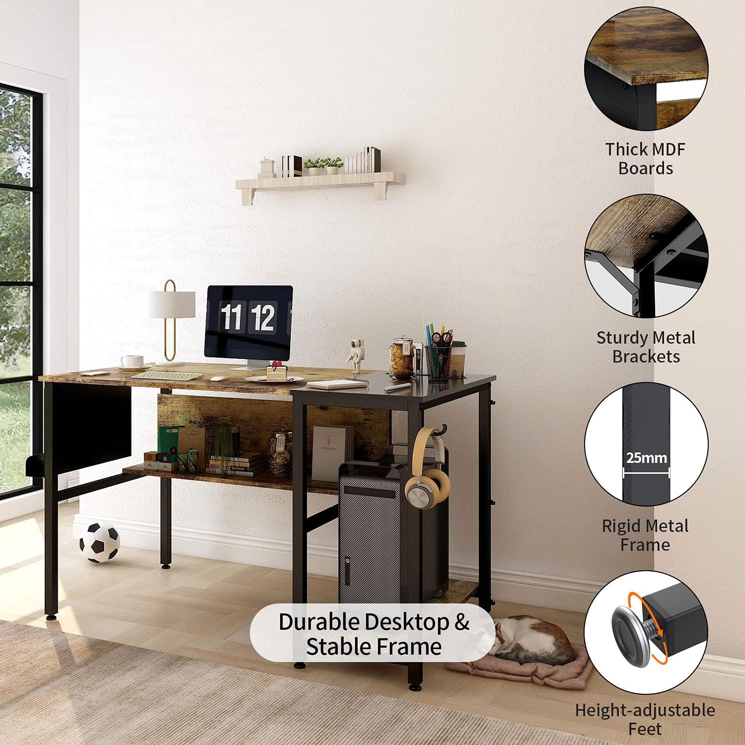 Frunimall Small Computer Desk with Storage Shelves, 39 Inch Home Office Desk Small Writing Desk with Bookshelf Magazine/Cup Holder, Simple Modern Work Study Writing Gaming Table Desk, Rustic Brown : Home & Kitchen