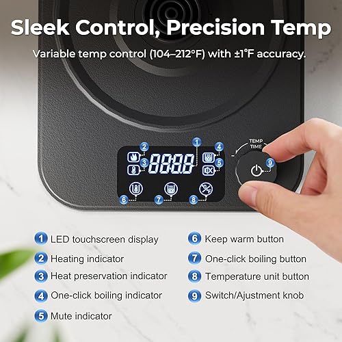 Miniatura 2 de Gooseneck Electric Kettle, ±1°F Precision Control, Smart Altitude Adjustment, 24H Keep Warm, 30-Min Auto Memory, Food Grade Stainless Steel, Pour