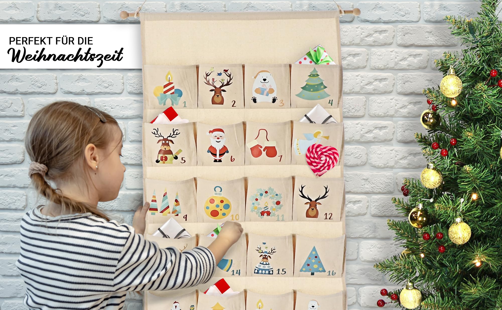 Adventskalender zum Befüllen, hochwertiger Leinen Stoff, 24 Fächer, zum Aufhängen, mit Holzstange, 108 x 51 cm