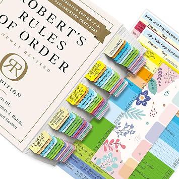 Book Tabs for Roberts Rules of Order Newly Revised, 12th Edition, Complete Important Section Index Tabs and Blanks, Laminated Color-Coded with Alignment Guide & Page Numbers Book Not Included