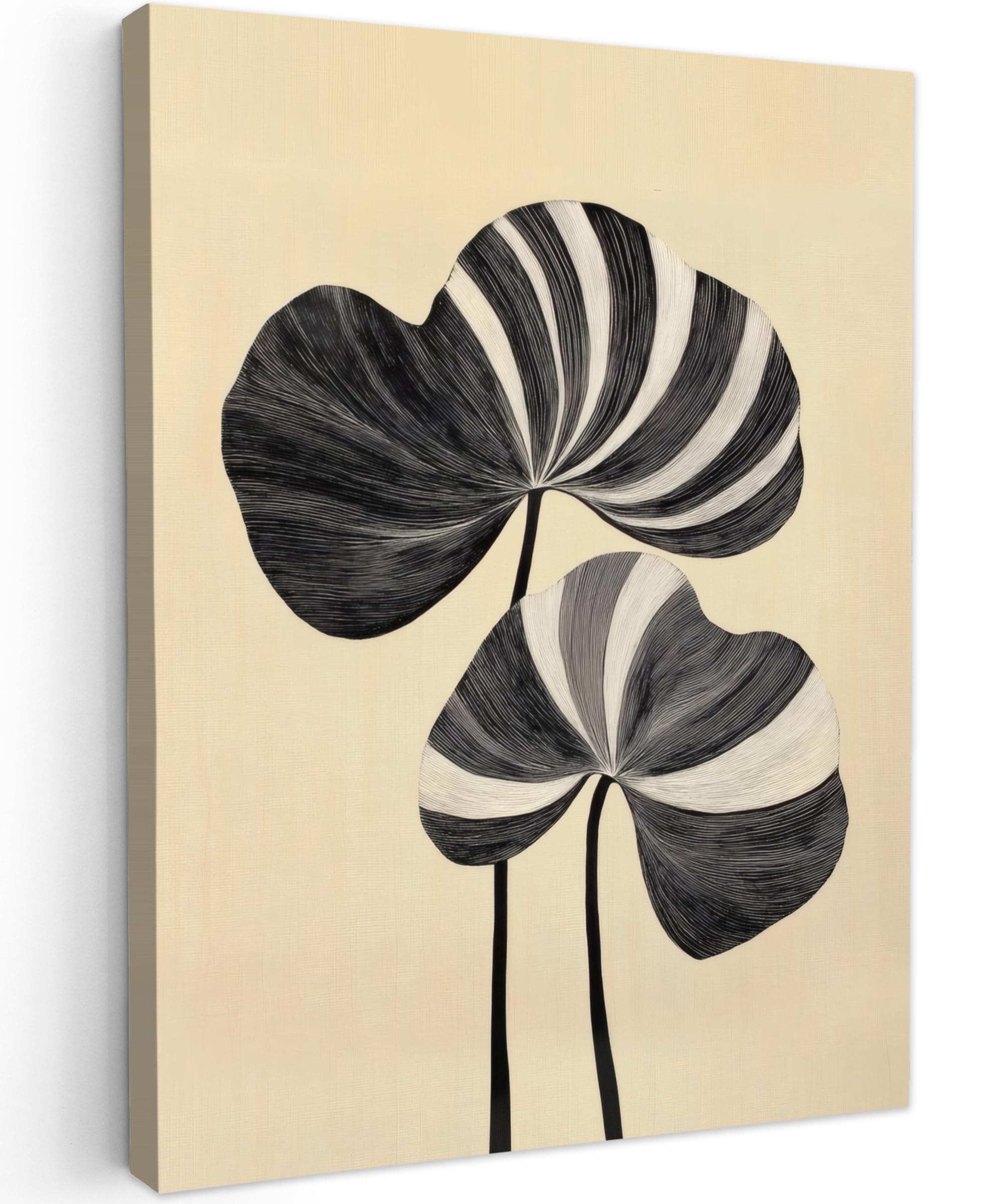 MuchoWow© Canvas Wall Art 20"x28" / 50x70 cm Decor Paintings Print framed on Canvas Pictures for Hallway Black - Leaves - Stripes - Minimalist