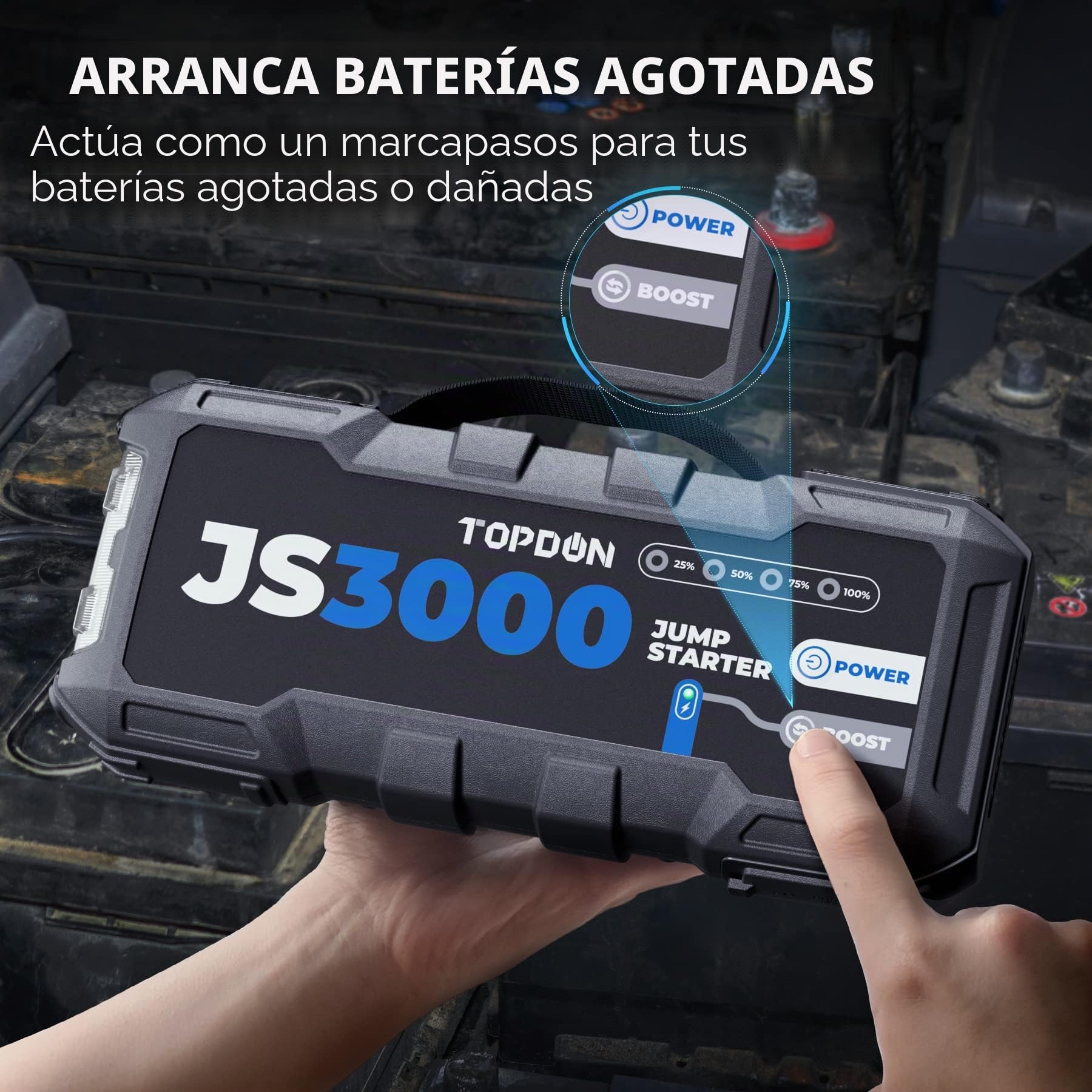 TOPDON Arrancador de Salto de batería de Coche, JS3000 3000A/24000mAh para Motores Diesel de hasta 9L de gas/7L, Cargador de batería de Coche portátil con Cable de Puente de Mango