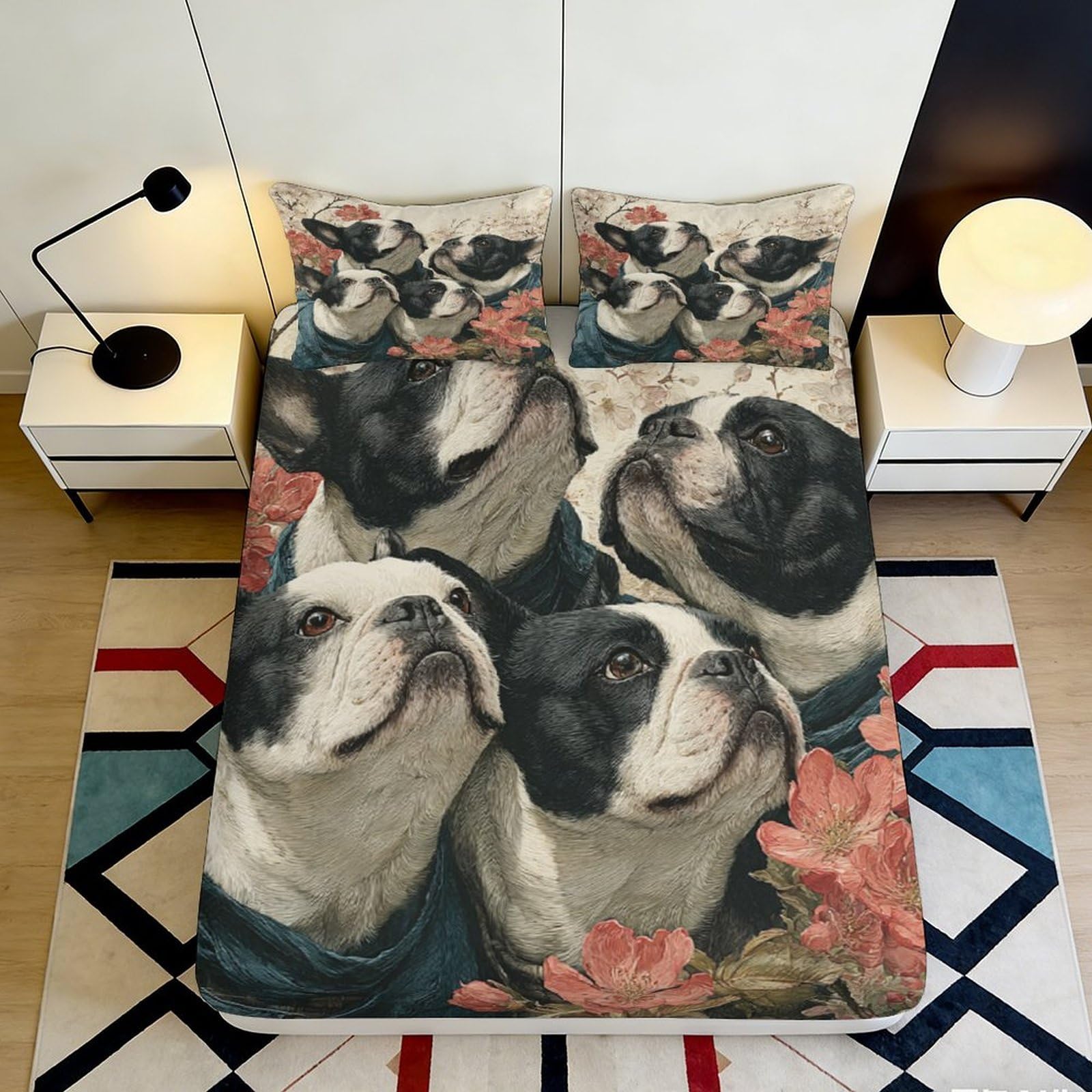 3D Printed Boston Terrier Fitted Sheet Microfiber Soft Durable Floral Dog Mattress Cover for Bedroom Dormitory Guest Room Bed Protection 160x200x25cm