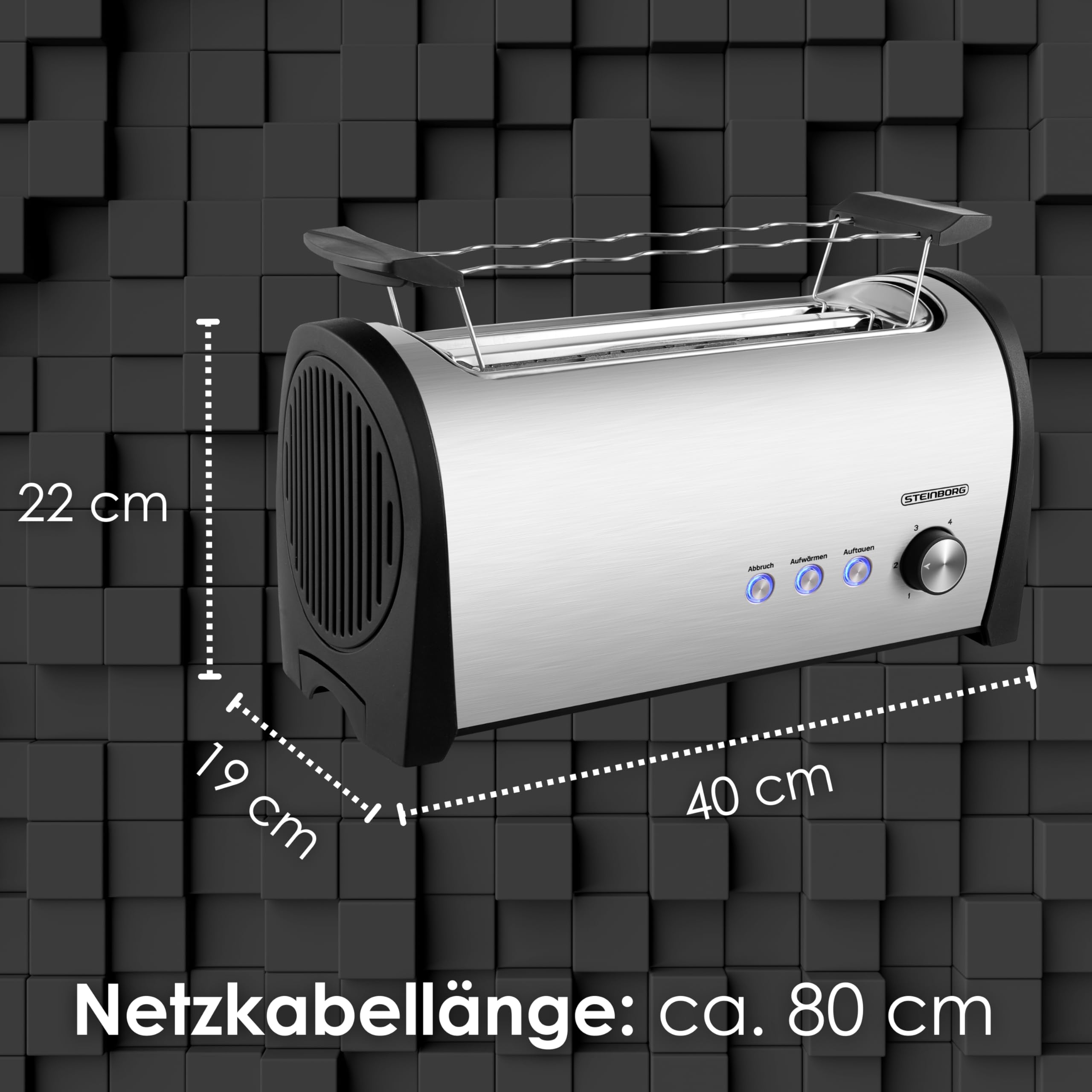 Steinborg - Tostadora de 4 rebanadas con rejilla para bollería XXL de acero inoxidable, luz LED azul, apagado automático, doble ranura para tostadora familiar