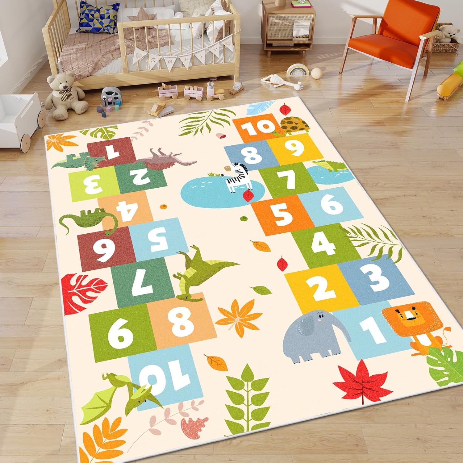 Animals and Dinosaurs hopscotch Rug,70.8X47.2 INCH hopscotch Kids Rugs for playroom,hop Scotch Inside Rug for Kids,Soft hopscotch mat Kids Room Rug for Bedroom Playroom Nursery,Yellow
