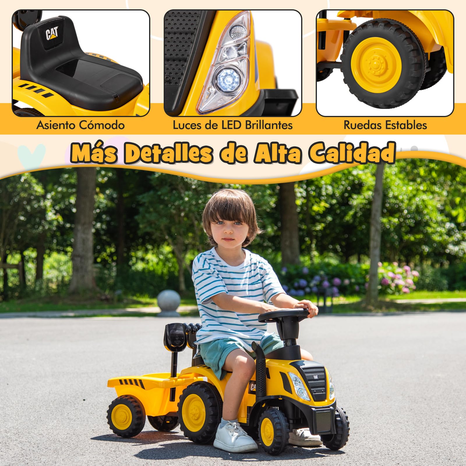 COSTWAY Tractor Juguete Caterpillar con Remolque Desmontable, Pala, Rastrillo, Bocina, Sonido del Motor, Luces LED y 6 Ruedas, Tractor para Niños de 18-36 Meses