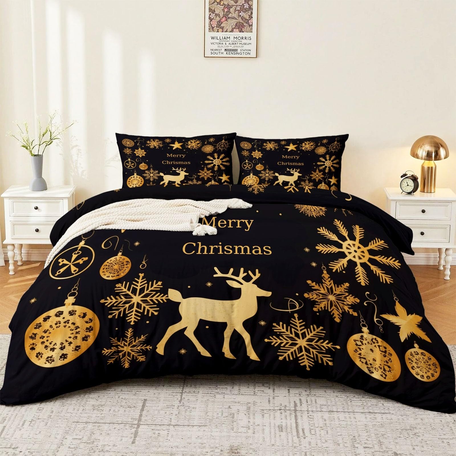 Duvet Cover Double 3 Pieces Bedding Set with 2 Pillowcases, Christmas Golden Snowflakes Deer Bedding Set Holiday Decor Reversible Halloween Duvet Black Gold