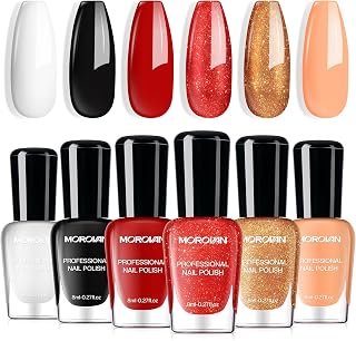 Morovan Nail Polish Set Fingernail: Red Black White Glitter Bright Nude Gold Nail Polish Kit Shimmer Sparkle Air Quick Dry Nail Pack for Nail Art Manicure 2025 Summer Holiday Gift for Women