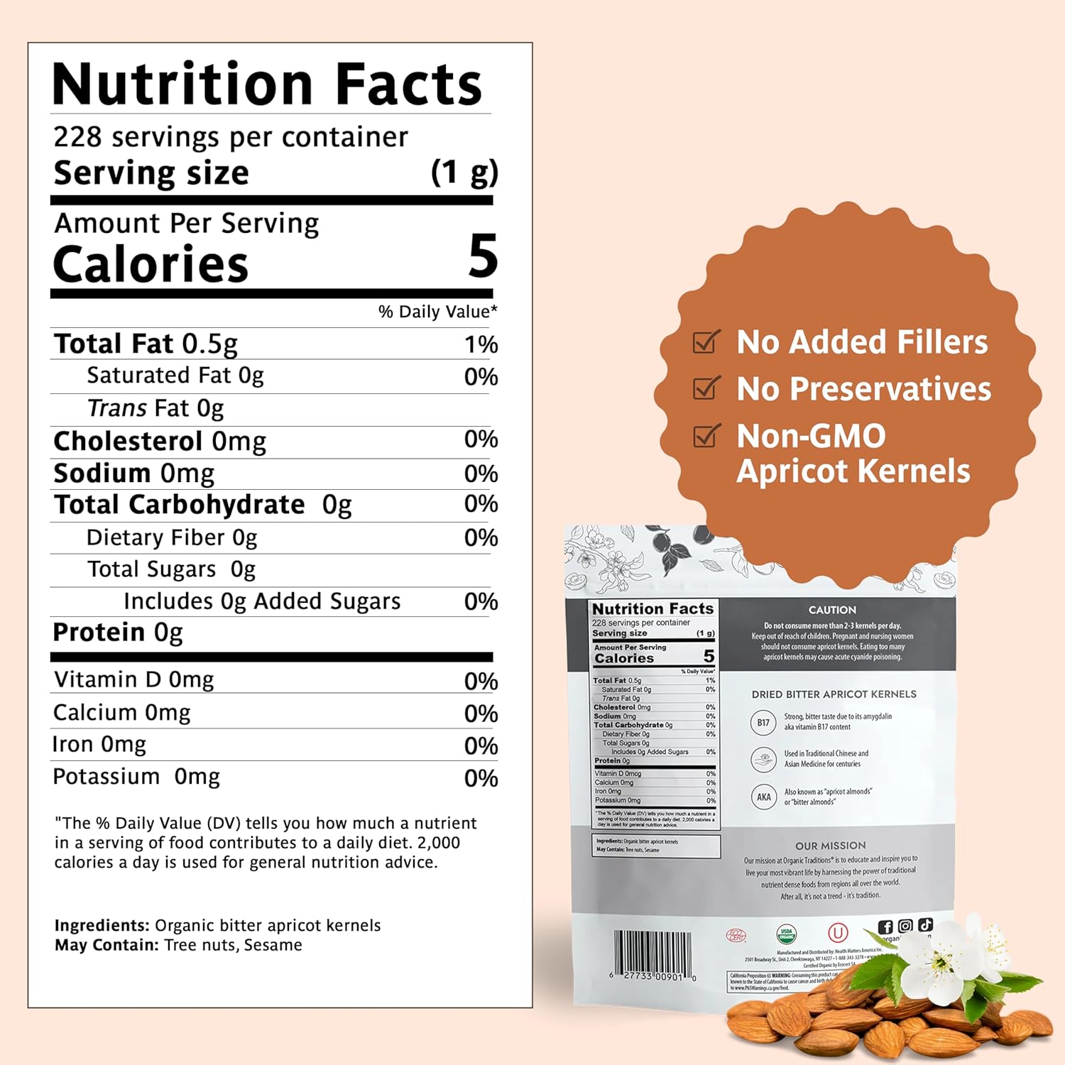 Organic Traditions Apricot Kernels, Organic Apricot Seeds, Sundried Sweet and Bitter Taste, Vegan, Source of Vitamin B17, Non GMO, Whole Foods Delivery, Plant Based for Snacking and Blending, 8 oz - Image 2