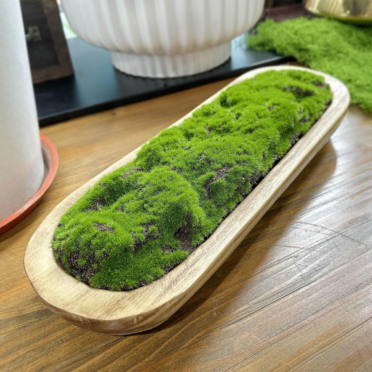 NAHARO Moss Wood Bowl,Natural Oblong Decorative Dough Bowl, Artificial Moss Centerpiece for Wedding Table Centerpiece, Home Decoration, Living Room, Office, No Maintenance