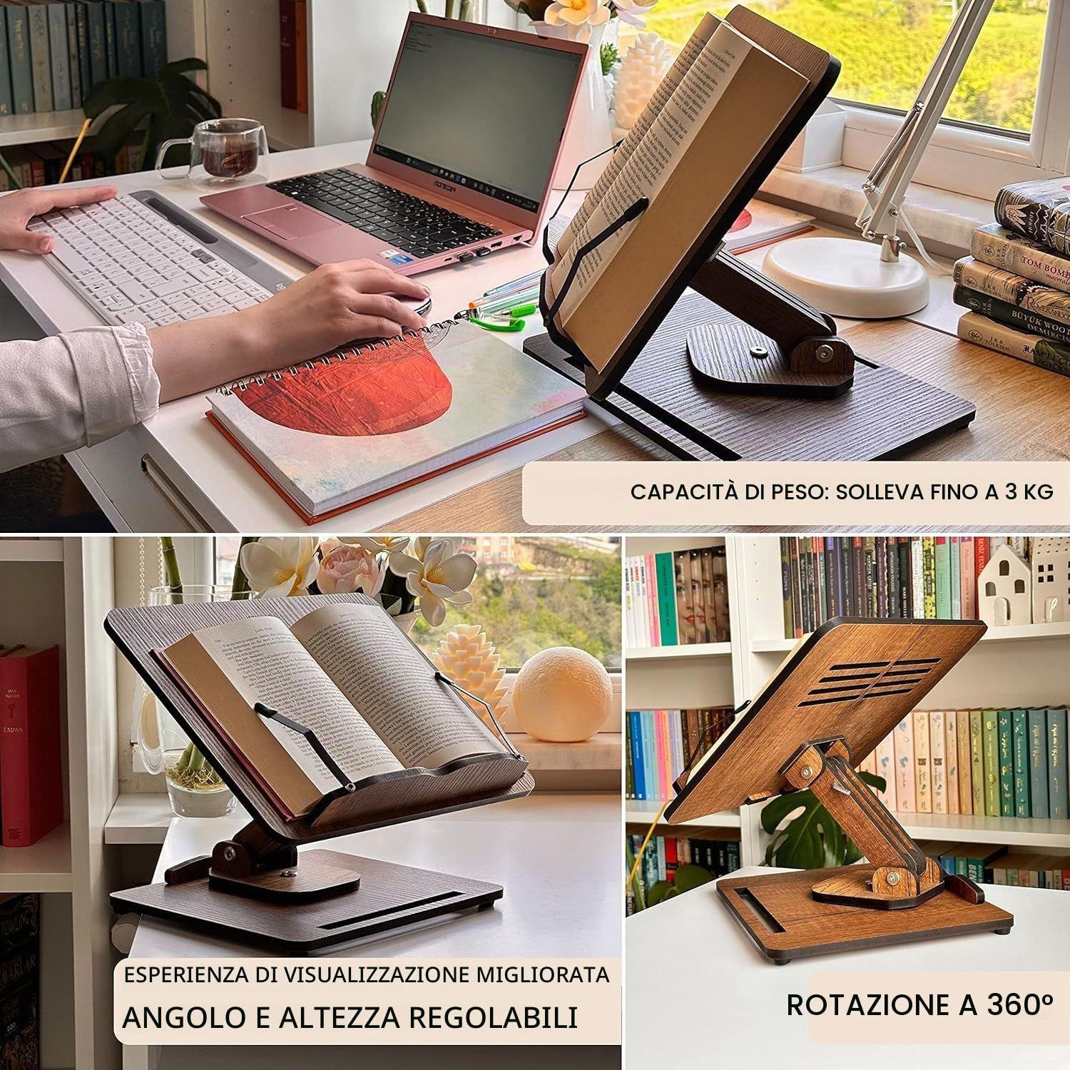 Vigo Wood Supporto per Libri - Leggio in Legno Pieghevole e Supporto per Laptop - Regolabile, Pieghevole, Scaffale per Libri - Accessorio da Cucina e Ufficio per una Lettura e Lavoro Comodi
