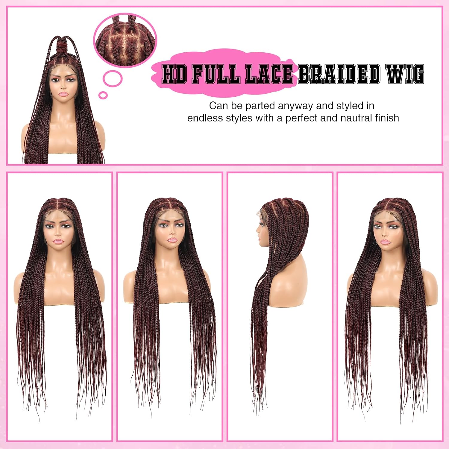 Kalyss 360° HD Full Lace Braided Wigs for Women Knotless Braided Wig with Baby Hair Burgundy Red Premium Synthetic Lace Front Box Braid Wig 36"