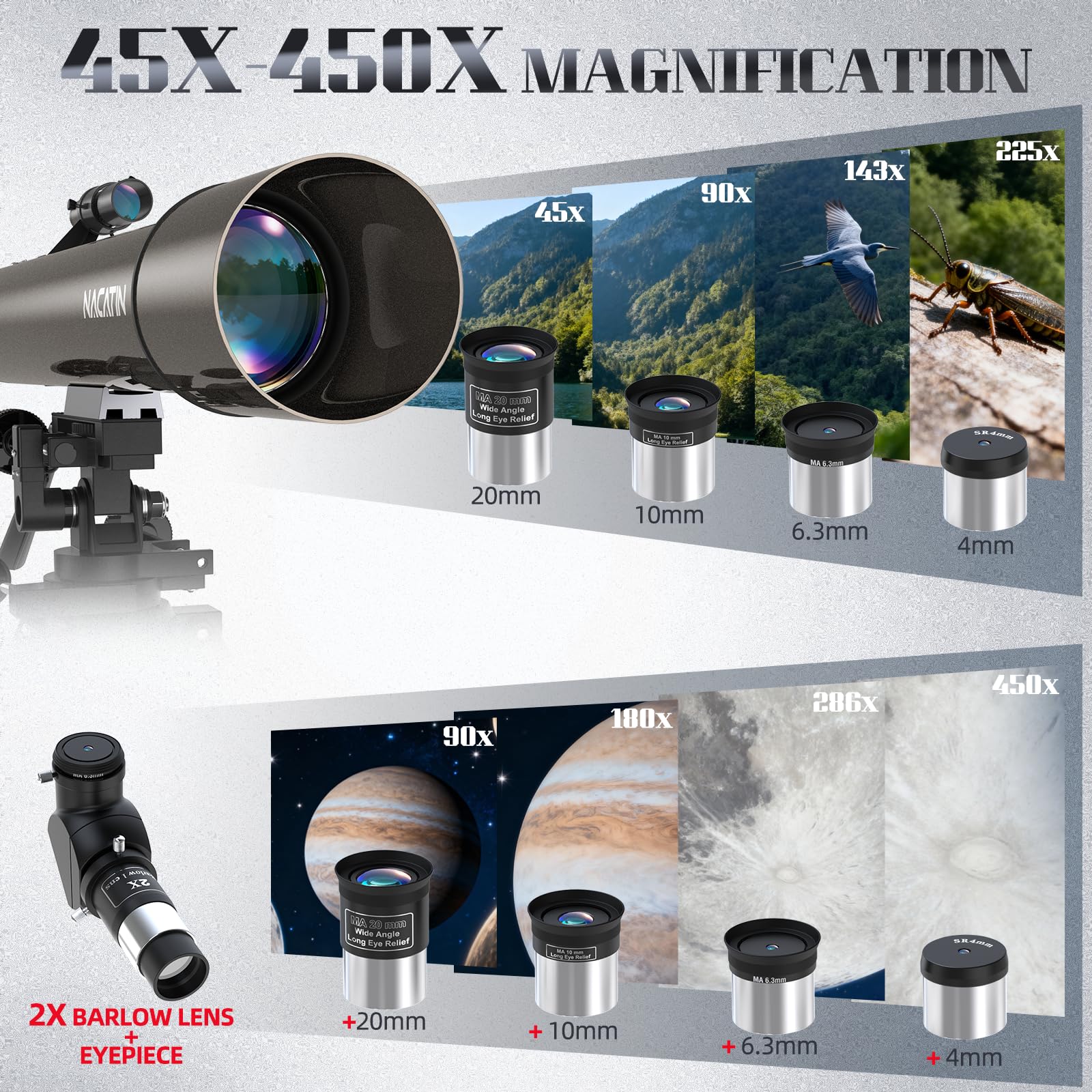 Télescope Astronomique NACATIN pour Adultes et Enfants, 102mm d'Ouverture et 900mm de Distance Focale avec Contrôles Slow-Motion, 4 Oculaires et Trépied INOX