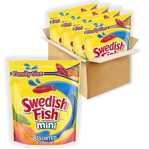 SWEDISH FISH Surtido de mini caramelos suaves y masticables, tamaño familiar, bolsas de 4 a 1.8 libras