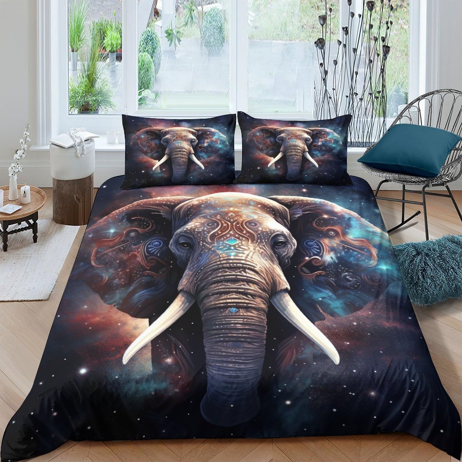 Housse de couette éléphant anti-plis en microfibre, parure de lit 200x200 facile à enfiler