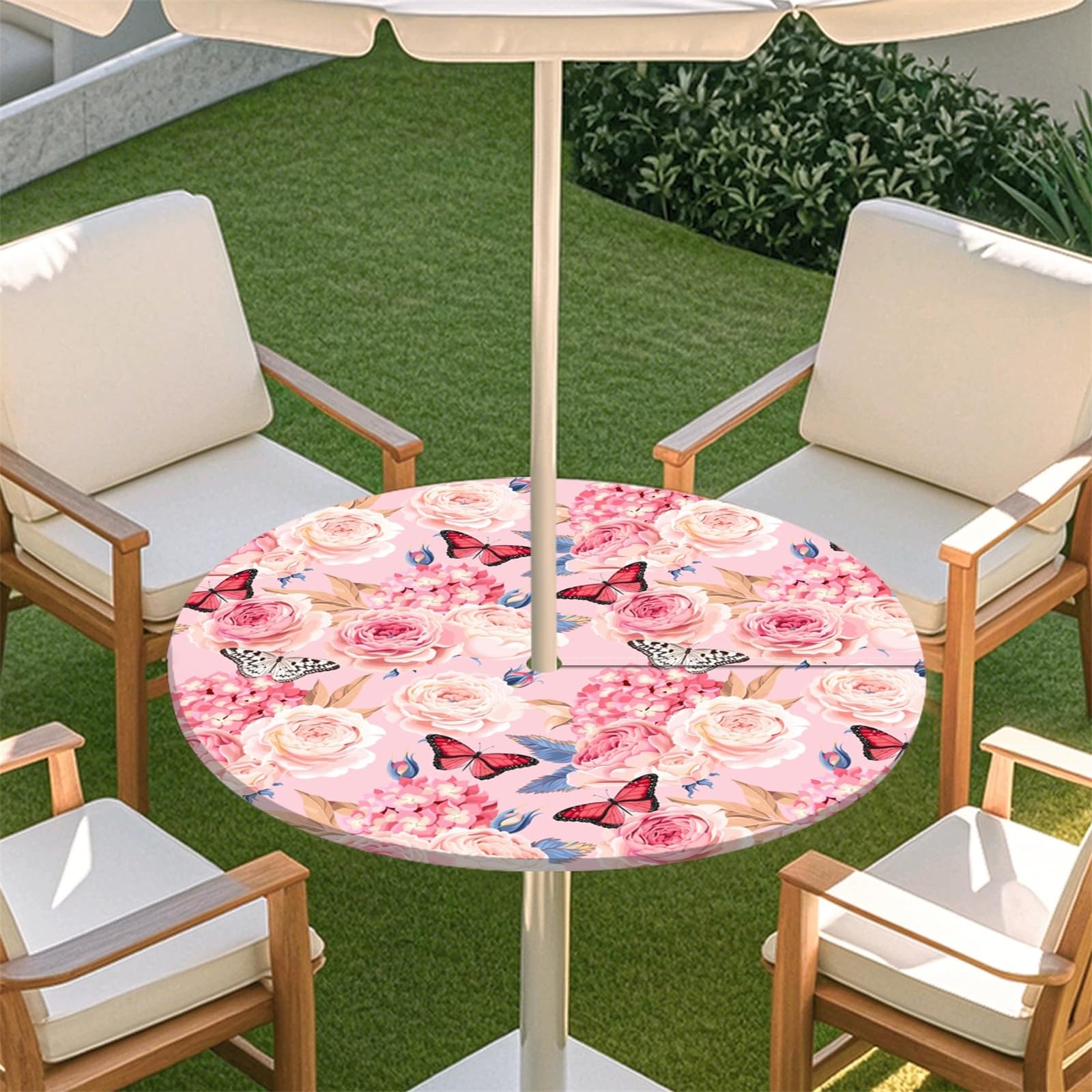 Muiuou Elastic Edge Fitted Round Tablecloth Protector Waterproof Outdoor Circle Tablecloth with Parasol Hole and Zipper, Wipe Clean Table Cover for Garden BBQ Party (Style 8,S(31-35inch)) — image 1