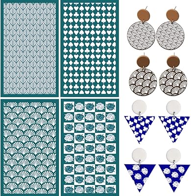 Polymer Clay Silk Screen, Silk Screen Stencils for Polymer Clay, 4 PCS Reusable Silkscreen Print Kit,for Printing on Clay & Jewelry Clay Earrings Decor, About 15 * 9CM/5.91 * 3.54inch, Type 3