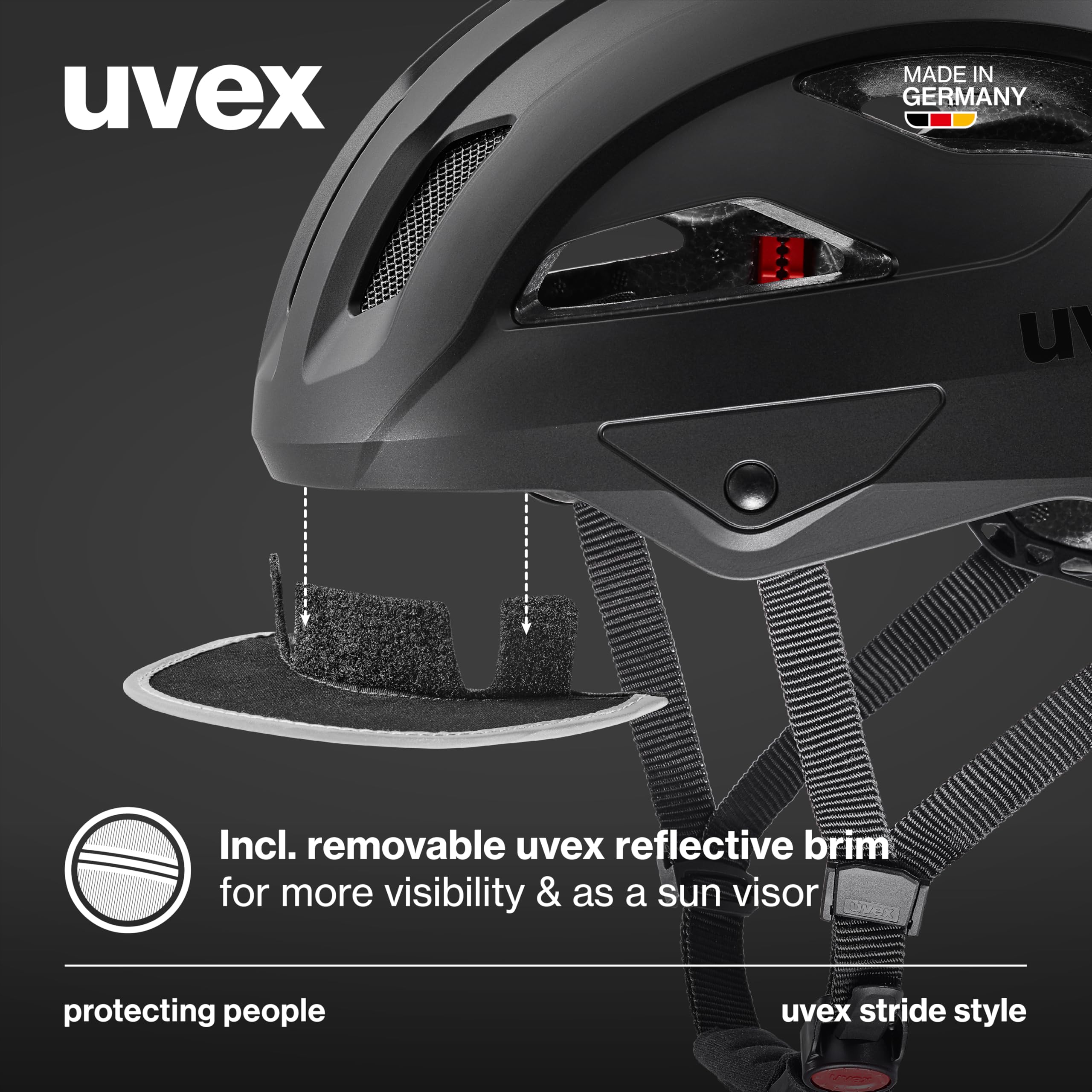 uvex stride style - wytrzymały kask do jazdy miejskiej unisex - indywidualna regulacja wielkości - możliwość zainstalowania światła LED - black matt - 59-61 cm