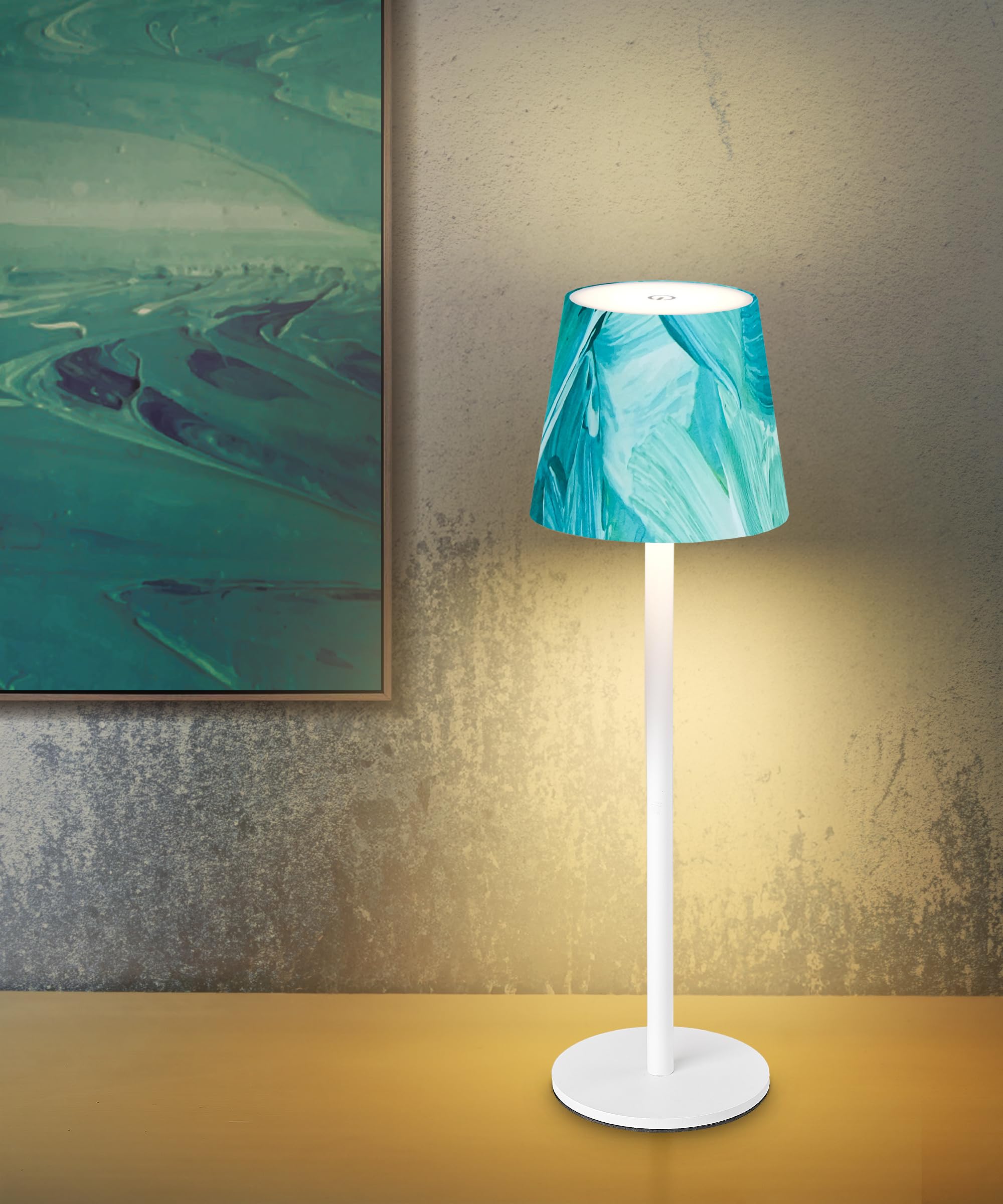 Faithorse Green Rechargeable Table Lamp, Cordless Table Lamp Oil Painting Design Battery Operated Lamp Rechargeable Lamp With 3-Color Modes Touch Lamp, Ip54 Waterproof Bedside Lamp For Bedroom ( White) Large