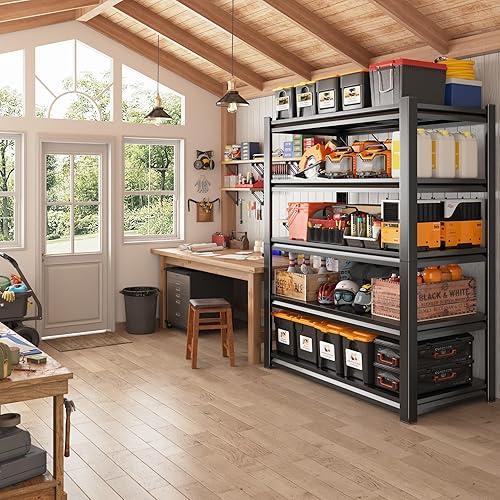 Miniatura 7 de REIBII Estantería de garaje de 3000 libras, estantes de almacenamiento ajustables, estantes de garaje de 5 niveles para sótano, almacén, cocina,