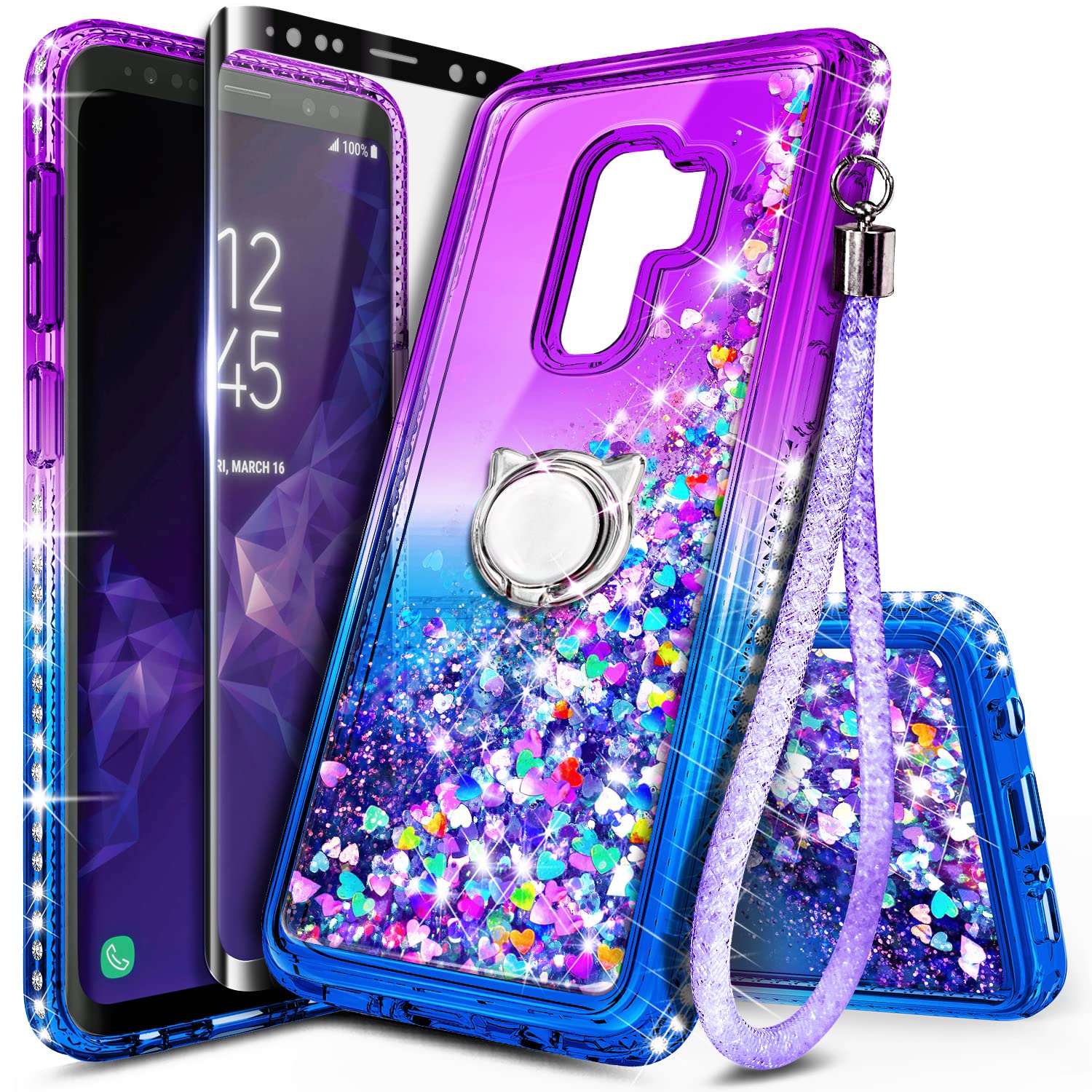E-Began Case for Samsung Galaxy S9 Plus with Screen Protector (Maximum Coverage, Flexible TPU Film), Ring Holder/Wrist Strap, Glitter Flowing Liquid Girls Women Kids Cute Case -Purple/Blue