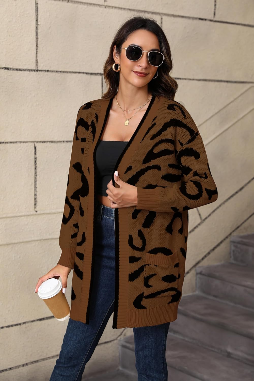 Women's Long Sleeve Animal Pront Cardigan Leopard Knit Sweater Open Front with Pockets Coat S-XL - Image 4