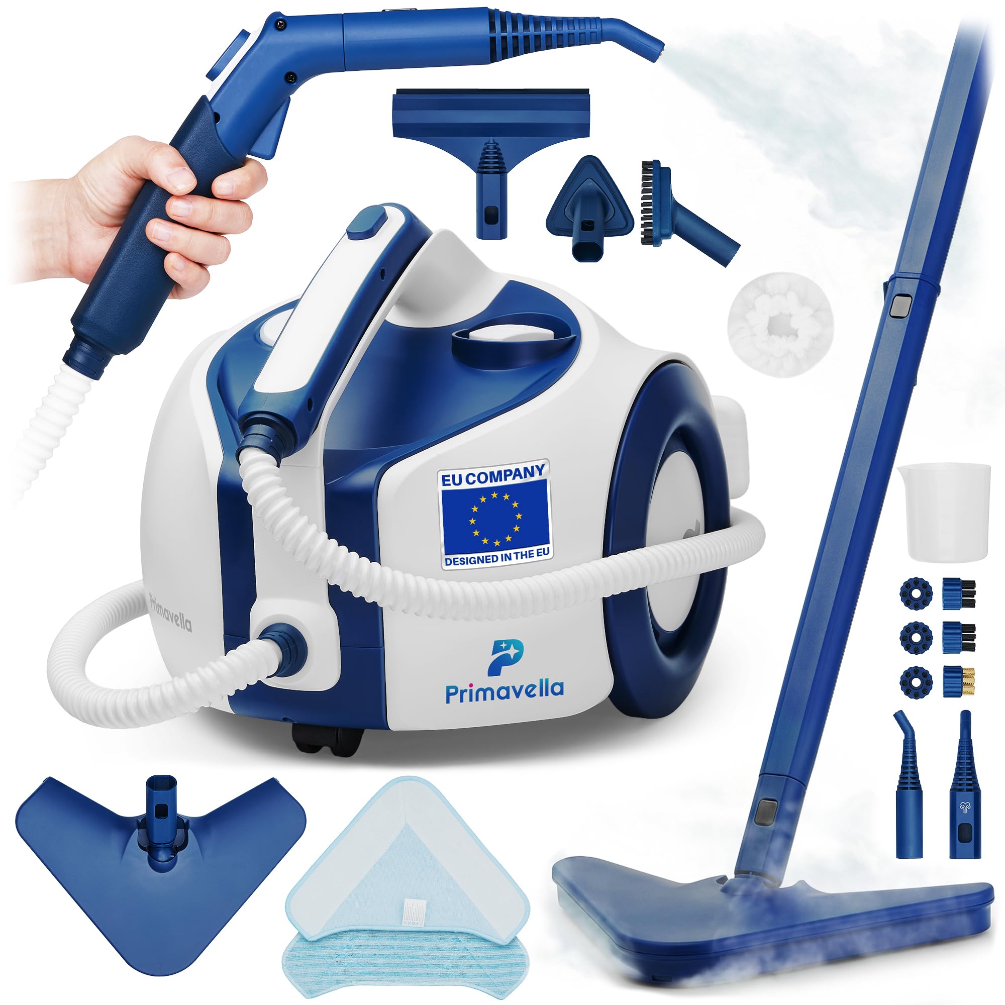 Primavella - Dampfreiniger - 1800 Watt, 3,5 Bar Druck, 1,5 Liter Tank - 16 Zubehörteile zur Reinigung von Badezimmer, Fliesen, Böden, Fugen, Polstermöbeln, Sofa, Auto