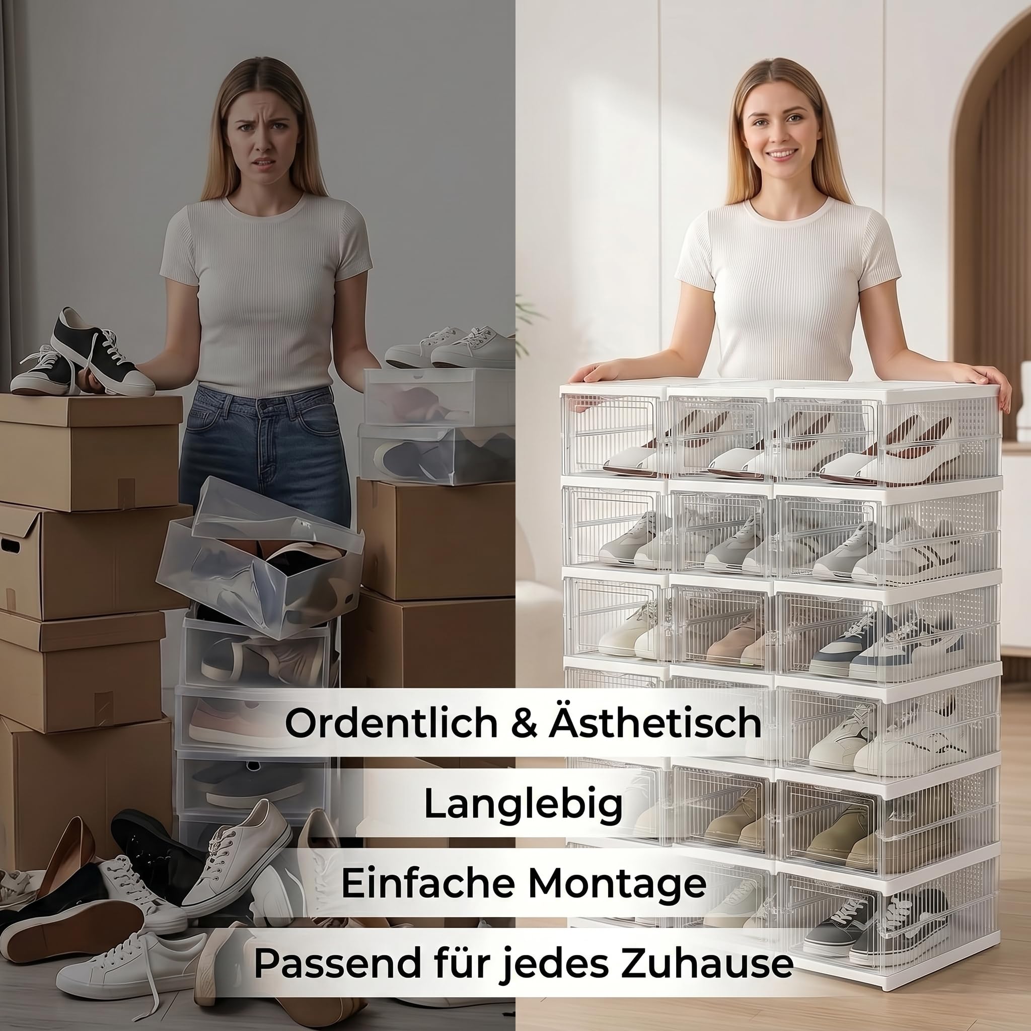 Schuhboxen Stapelbar, 24 Ebenen, Transparent, Faltbar, Dickem Kunststoff, für Sneaker bis Größe 46, Platzsparend, 1-Min Montage, Weiß