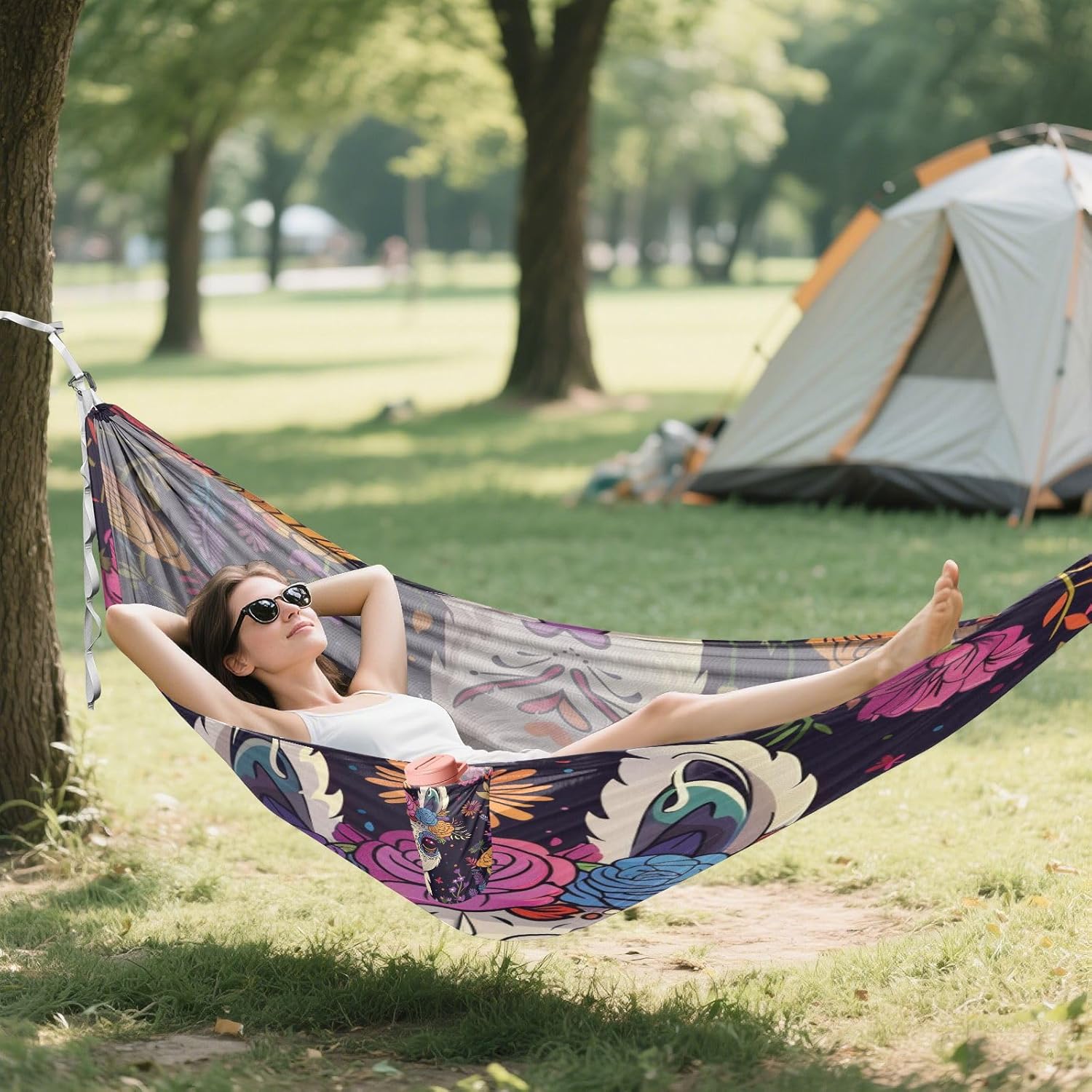 ALAZA Day of The Dead Llama Alpaca Camping Hammocks Single or 2 Person 500 lbs Portable Parachute Travel Hammock w/Tree Straps for Hiking Backpacking Indoor Outdoor