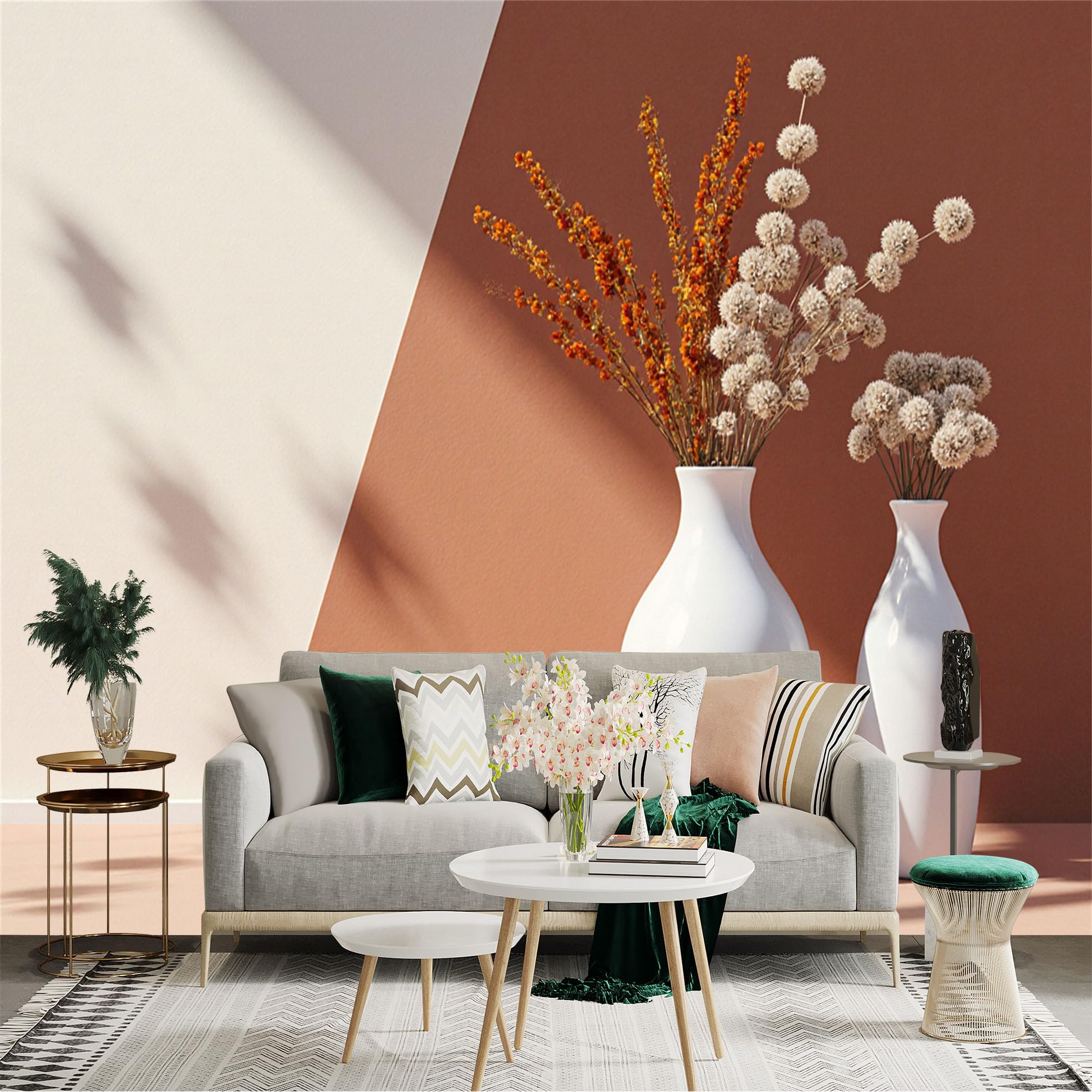 Custom Size Wall Sticker Mural， Modern Minimalist White Vases， Dried Floral Arrangements， Geometric Neutral Tones， for wall Decoration， peelandstick wall Decals.