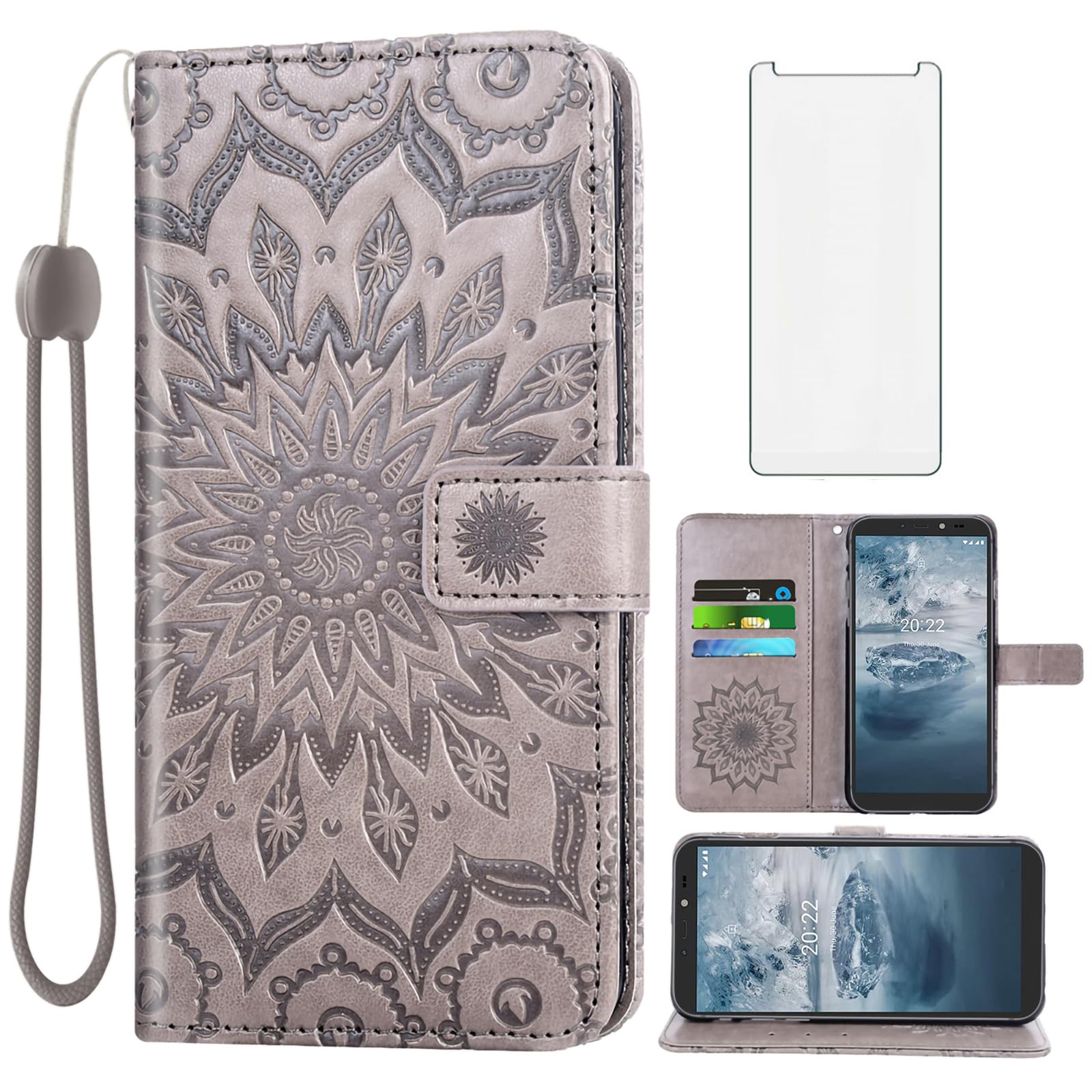 Asuwish TA-1468 - Custodia a portafoglio per Nokia C2 2nd Edition (5,7 pollici), con pellicola proteggi schermo in vetro temperato e pelle di girasole, sottile, con porta carte di credito, accessori