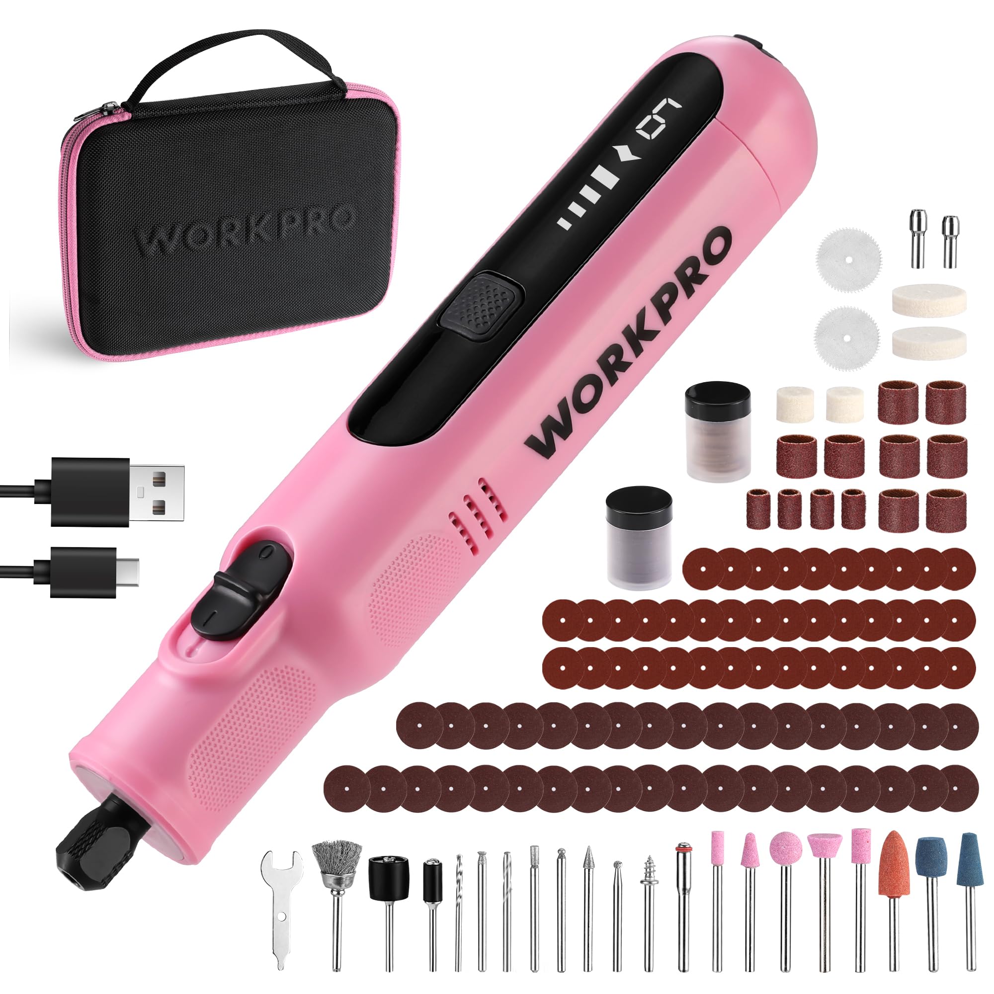 WORKPRO Cordless Rotary Tool, 8V Rotary Tool Kit with 117 Accessories, 6 Variable Speed, Type-C Charging, LED Work Light, Power Rotary Tool for Sanding, Polishing, Engraving, Cutting, DIY, Pink Ribbon