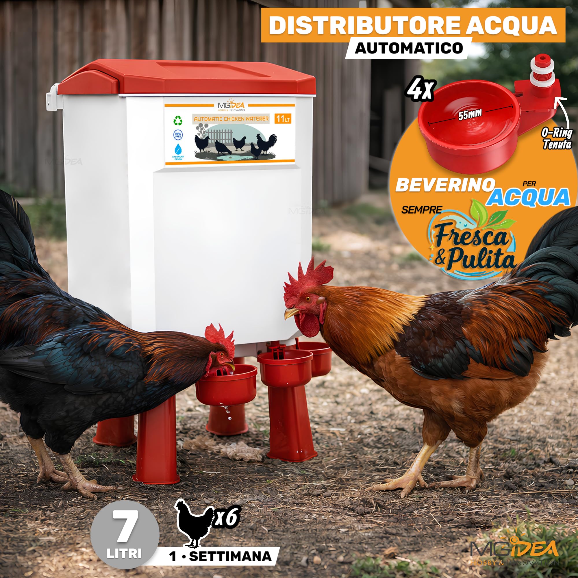 KIT MANGIATOIA ABBEVERATOIO GALLINE DISPENSER AUTOMATICO SISTEMA DISTRIBUTORE ACQUA MANGIME POLLAIO REGOLABILE GIARDINO PULCINI (8 Kg + 7 Lt)