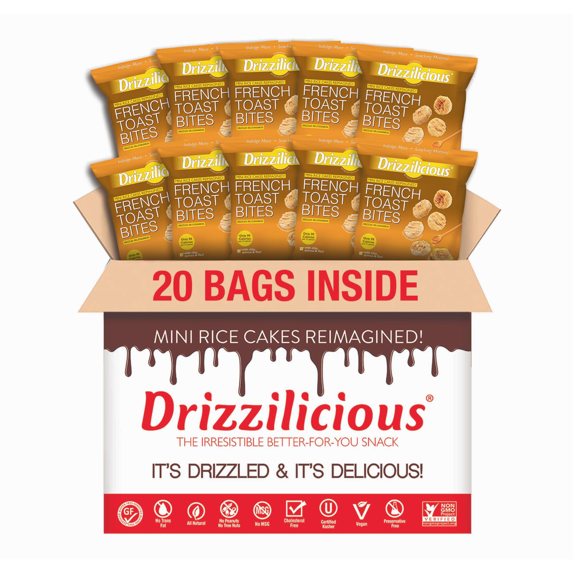 DrizziliciousMini Rice Cakes French Toast - Rice Crisps, Healthy Snack for Adults and Kids, Flavored Rice Cakes, Vegan, Gluten Free, Allergen Free, Only 90 Calories Per Bag - .74 oz (Pack of 20)