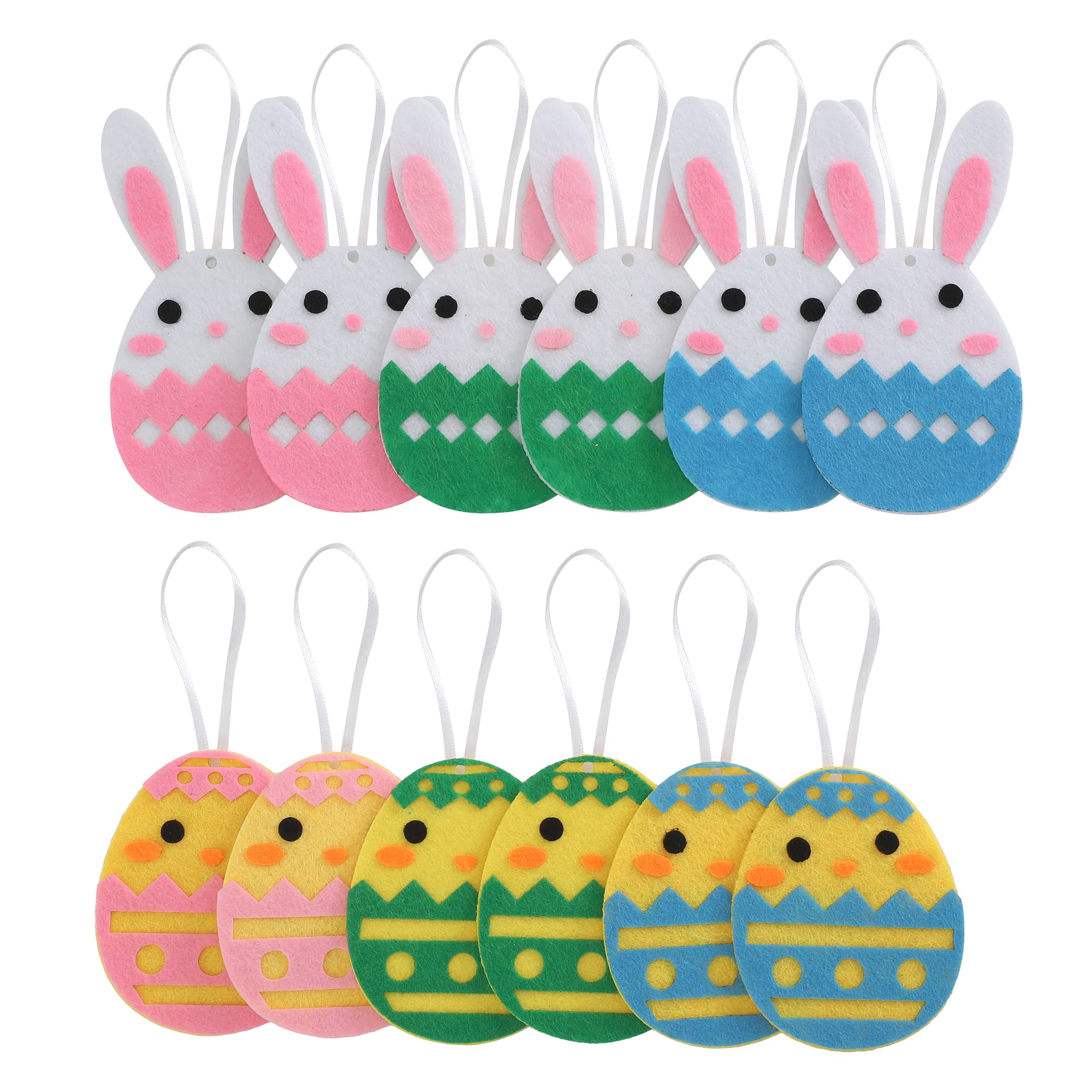 Trixes Blue, Green, Pink 12Pcs Easter Hanging Felt Decoration – Spring Home Decor - Chicks And Bunny Themed Ornaments For Wreaths Centre-Pieces, Trees And Easter Egg Hunts