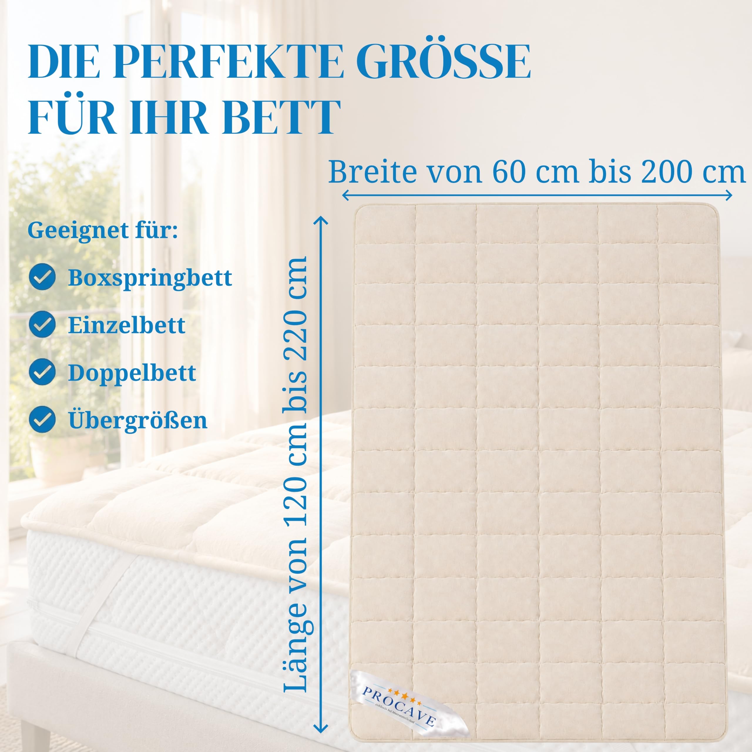 PROCAVE weiches Unterbett aus Schurwolle, atmungsaktiver Matratzen-Schoner, Matratzenbezug mit 4 Eckgummis,Matratzen-Auflage 180x200 cm