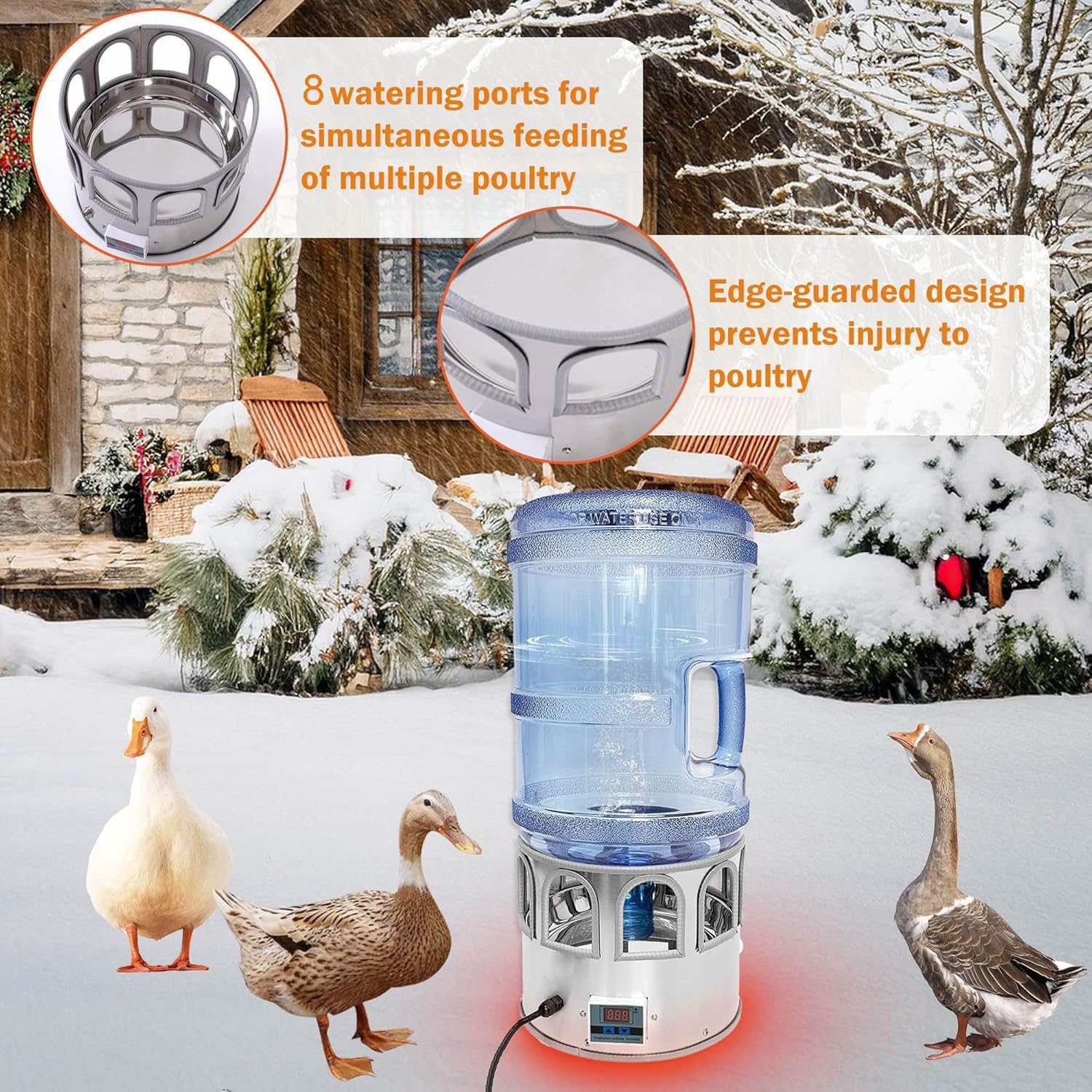 Calentadores de agua de pollo para aves de corral, bebedero de pollo calentado de 5 galones con 8 ventanas para beber y pantalla LED, temperatura ajustable de -0.0 °C a 50.0 °C, para pollos